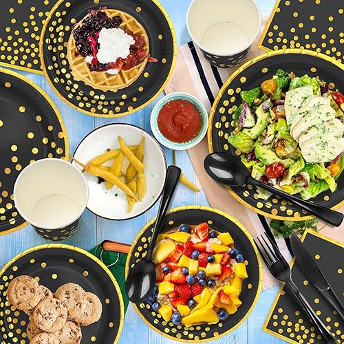 Miniatura 5 de Juego de platos de papel y servilletas, tazas, suministros de fiesta de papel blanco y dorado, sirve 25, platos de papel desechables para decoración