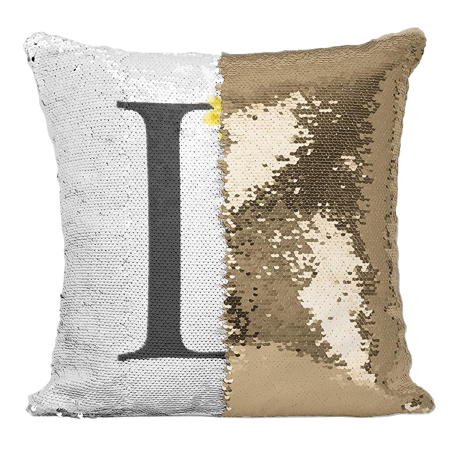 Coussin prénom paillettes doré D : cadeau personnalisé avec lettre alphabet fleurs