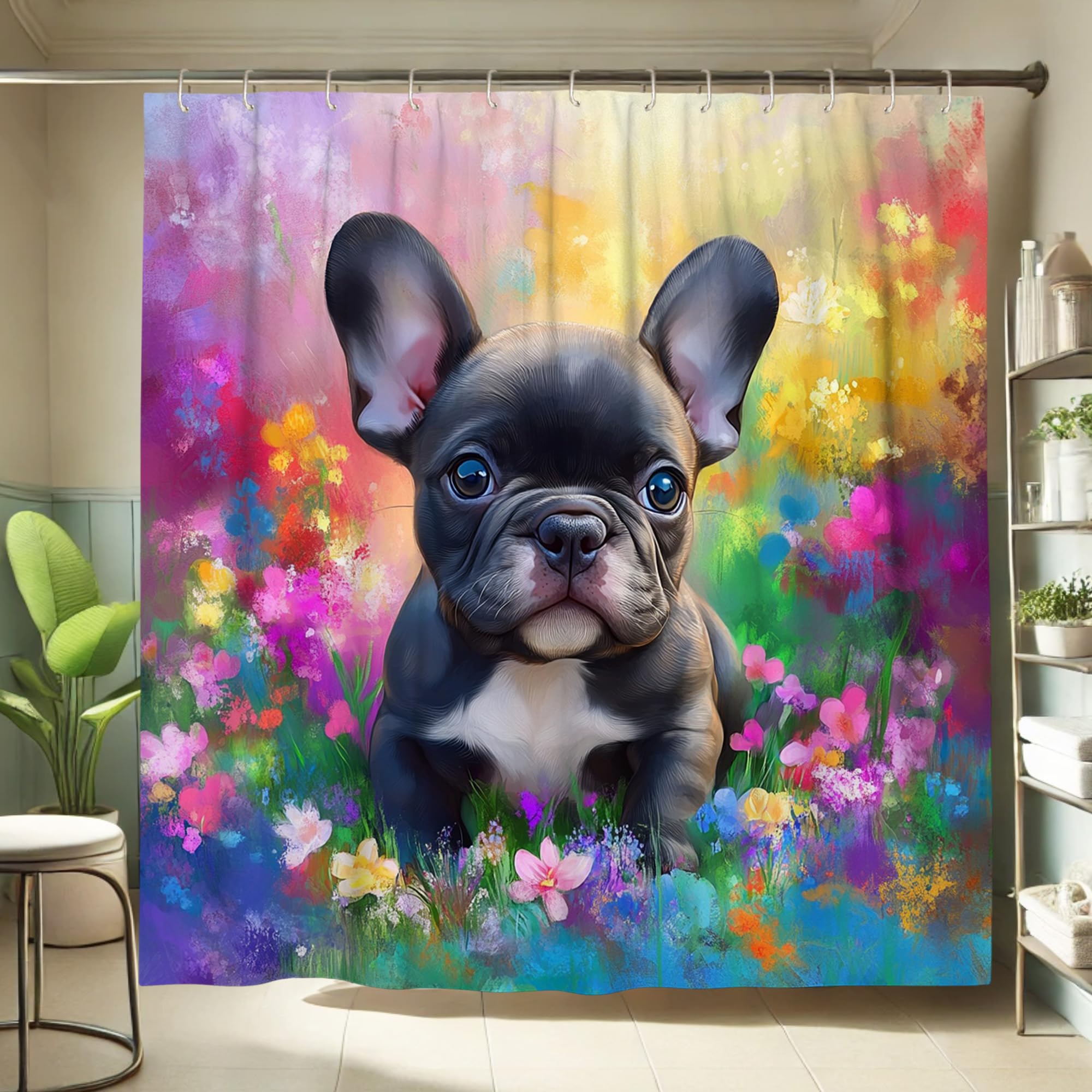 French Dogs Shower Curtain, Colorful Puppy Bath Decor for Kids Room, Spring Summer Playful Modern Art Fabric Shower Curtain Set with Hooks 62x72 Inch