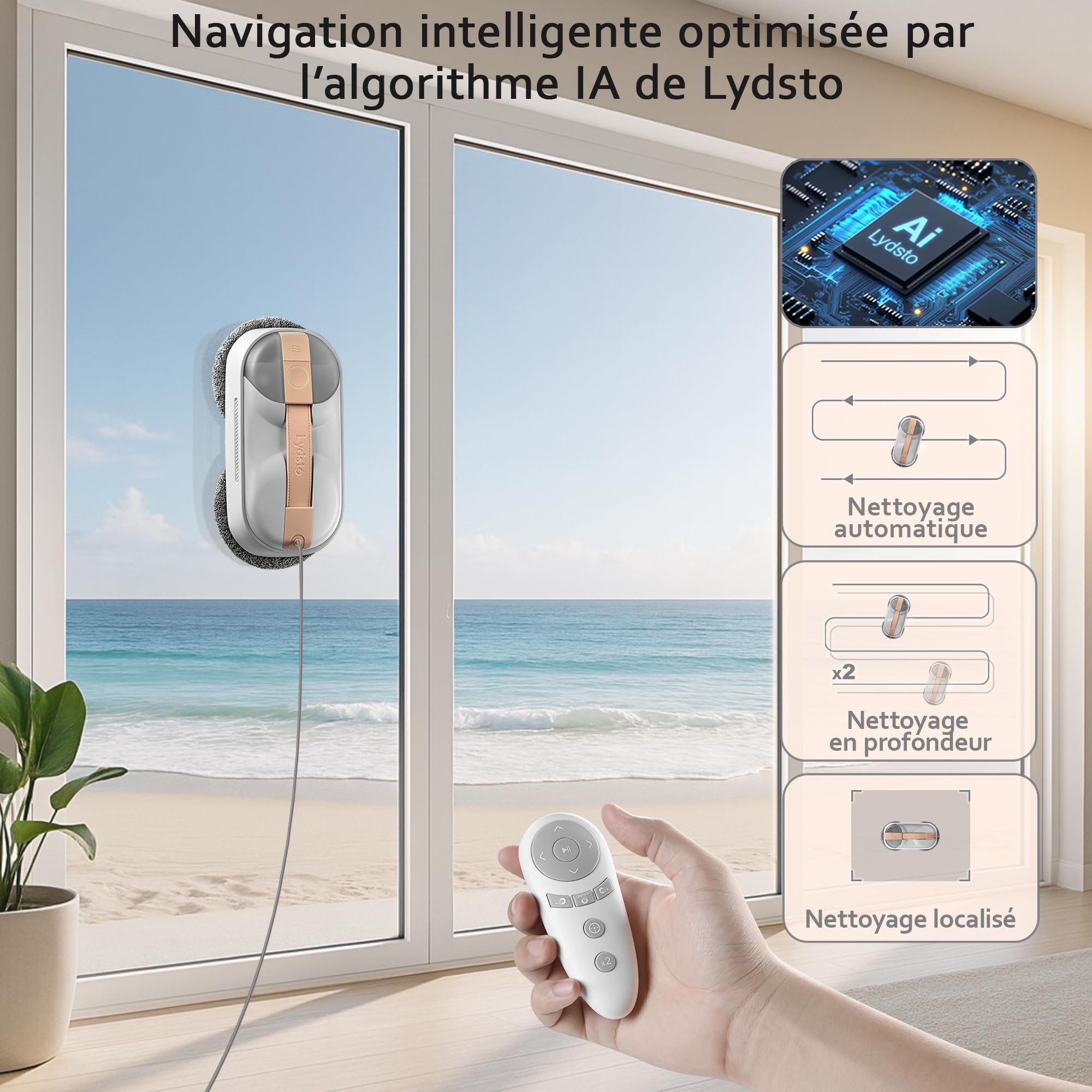 Lydsto WL09 Robot Nettoyeur de Vitres, Robot Laveur Vitre avec Double Pulvérisation Ultrasonore, 6000Pa, Télécommande, Triple Sécurité, Kit Complet avec Boîte de Rangement et 8 Chiffons