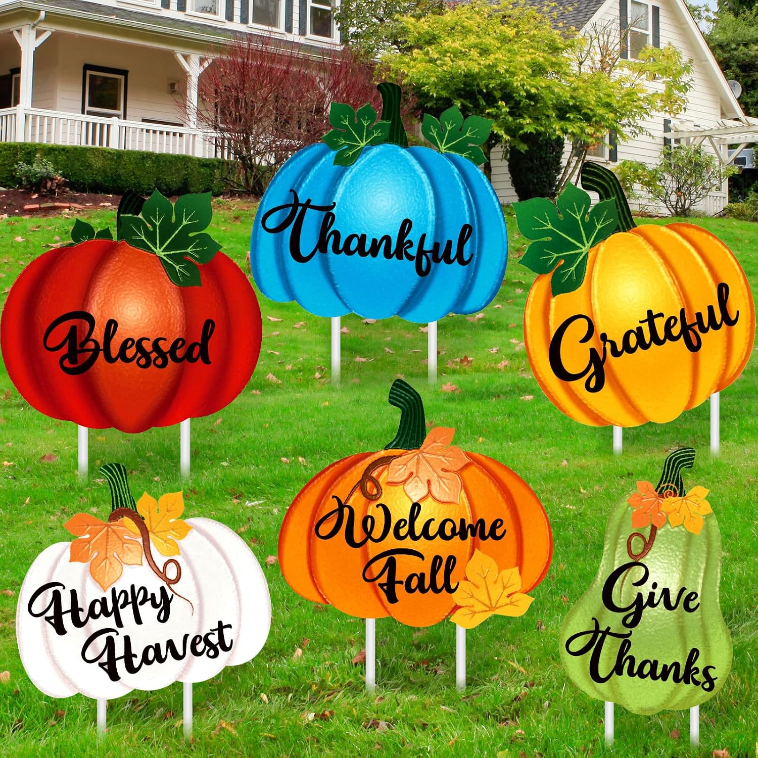 Vicenpal 6 Pcs Thanksgiving Fall Pumpkin Decoration Halloween Outdoor Yard Stakes Sign Rustic Harvest Pumpkin Yard Sign for Autumn Harvest Wall Door Lawn Walkway Decoration