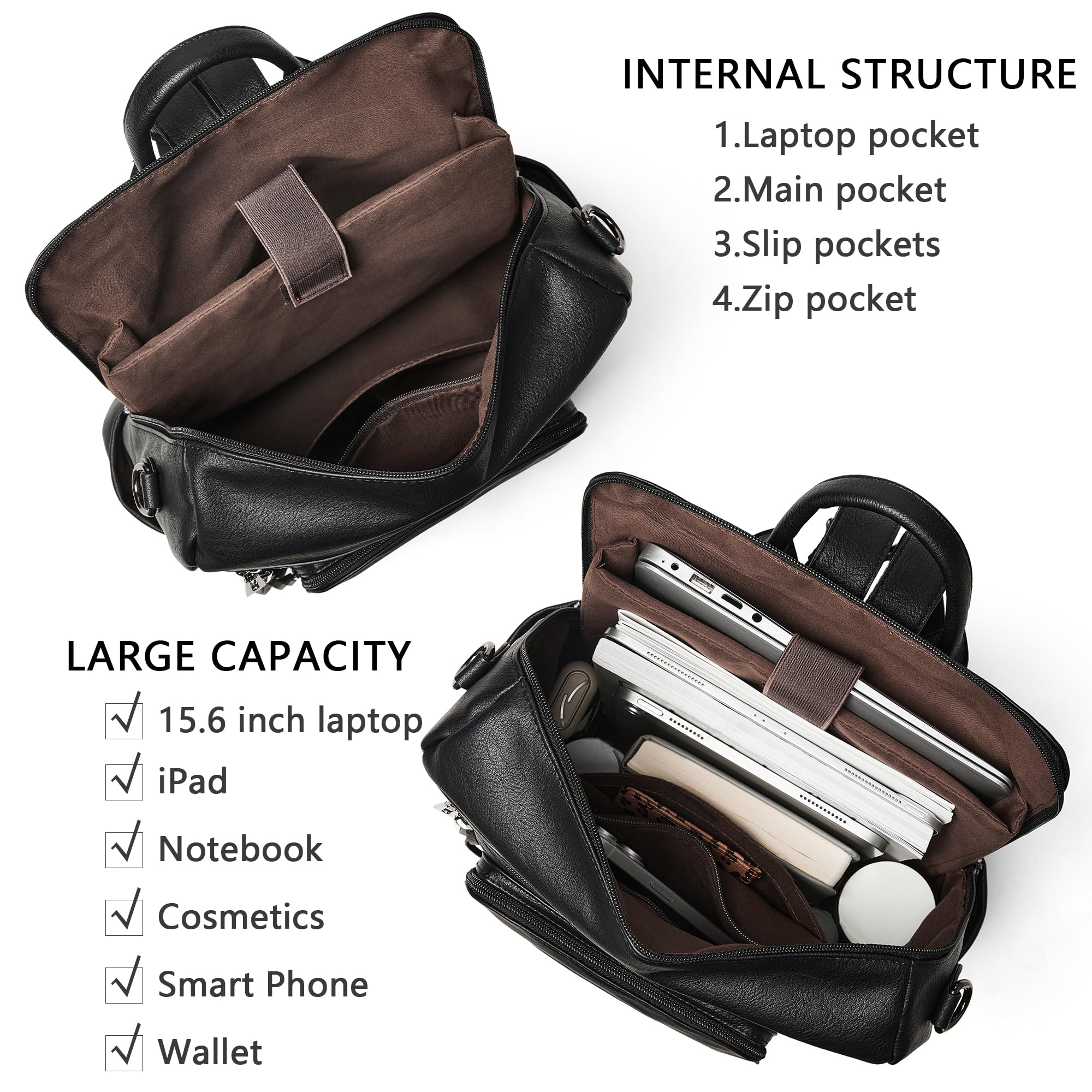 Shrrie Mochila de piel vegana para portátil de 15,6 pulgadas para mujer. Mochila de trabajo, mochila de viaje de moda para viajes, universidad, trabajo
