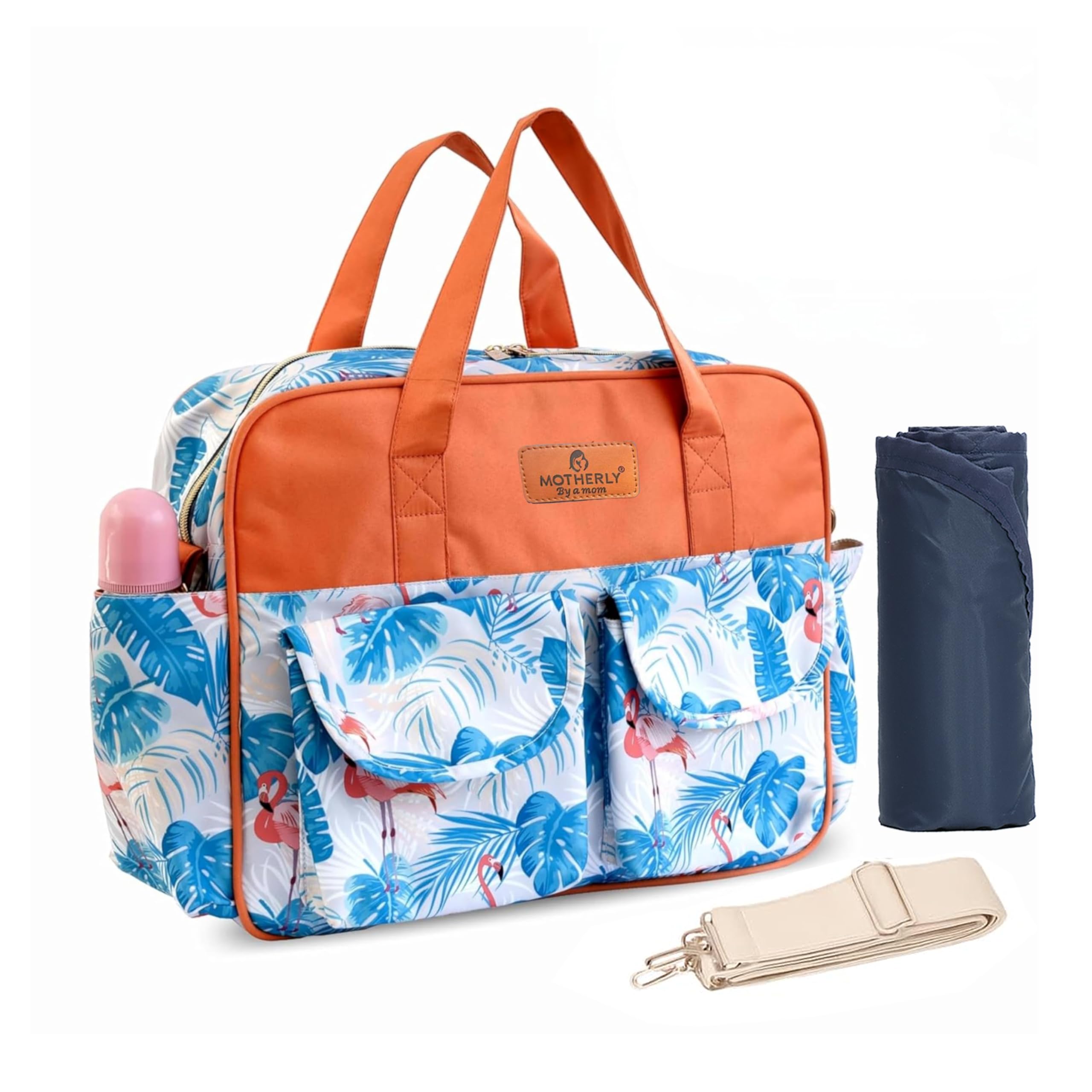 Motherly Grace Tote Diaper Bag for Mothers for Travel with Changing Mat and 6-Month Warranty | Maternity Hospital Bag for Newborn | Water-Resistant Baby Bag for mom - Flamingo