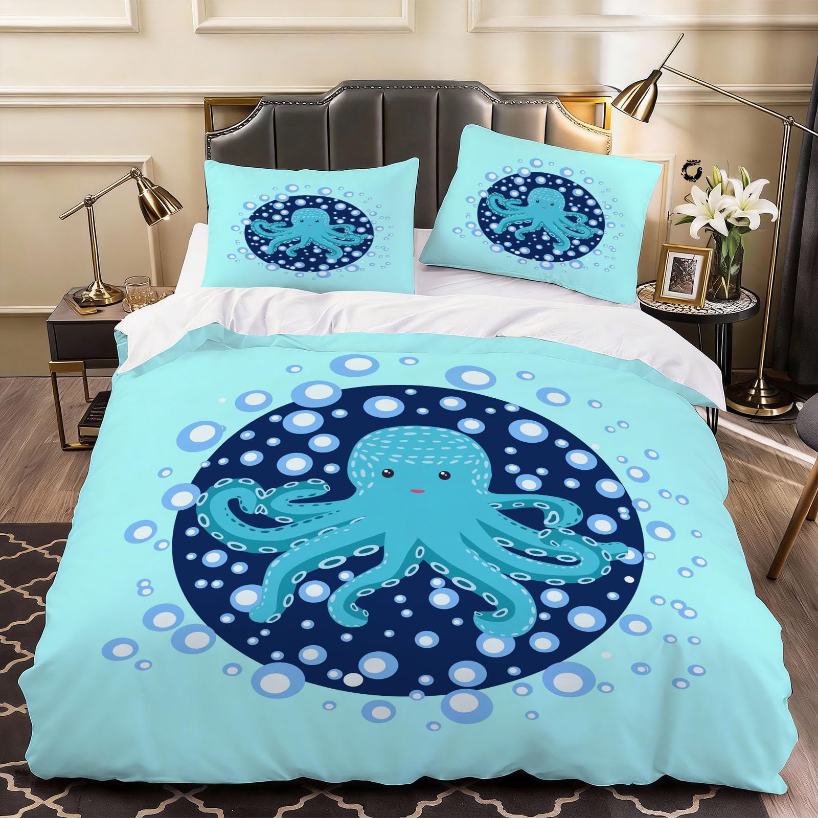 3D Cartoon Octopus Duvet Cover Child Bedding Bed Set king Size, Soft Microfiber Comforter Cover Printed with Zipper Closure Quilt Coverr 230x220 cm and 2 Pillowcases