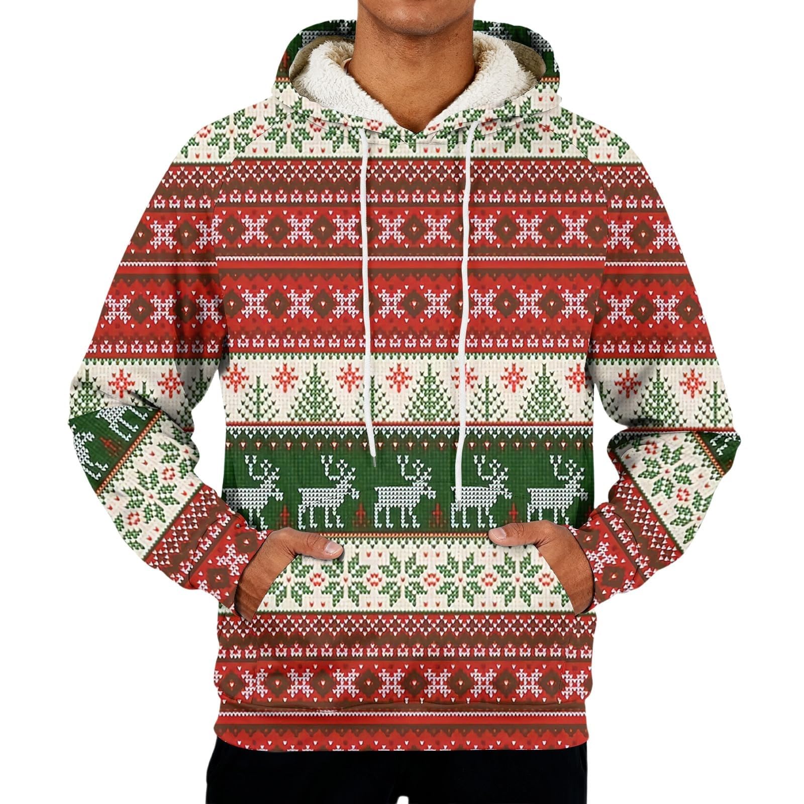 Sudaderas con capucha de Navidad forradas de forro polar para hombre divertidos renos árbol de Navidad sudaderas oversize de manga larga top cálido sherpa suéter novedad traje de Navidad ropa de