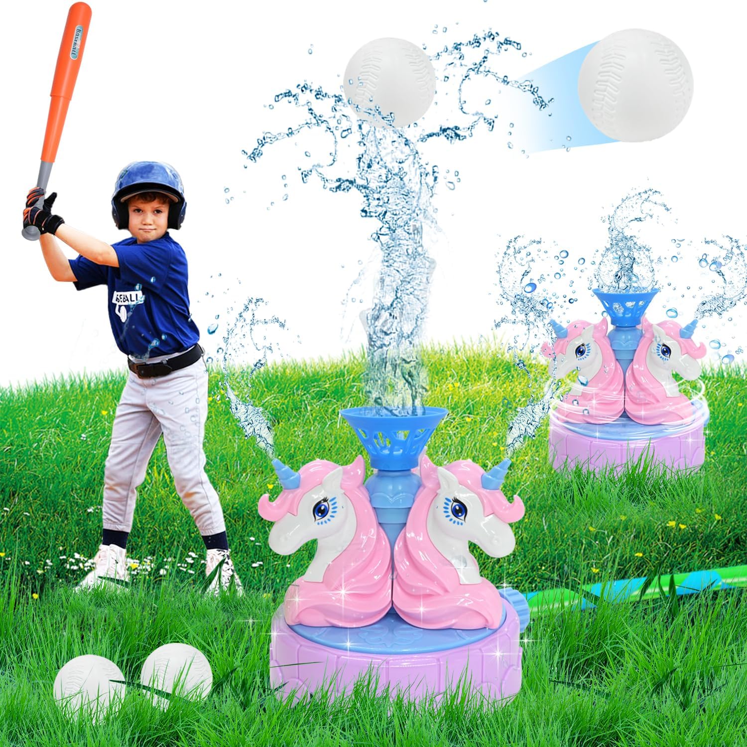 Water Sprinkler Baseball Toys, Unicorn Spinning Sprinkler Spray with Splash Baseball Bat & Water Ball Nozzles for Boys Girls Summer Backyard Garden Lawn Outside Water Games