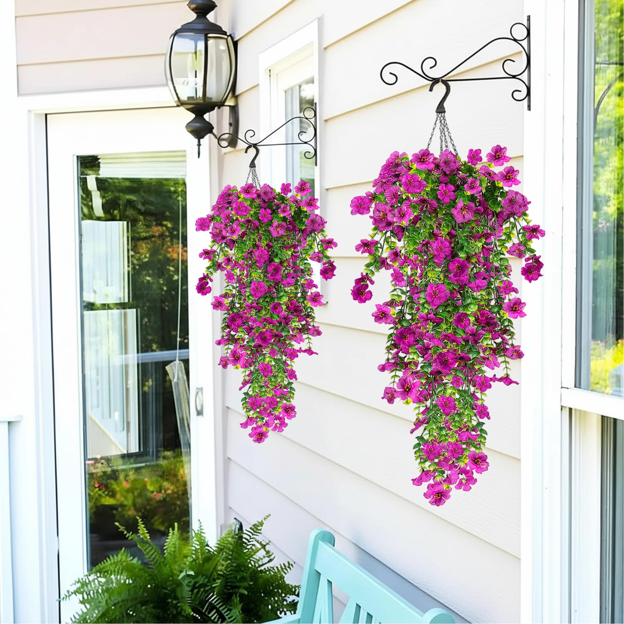 4 Piezas de Flores Artificiales Colgantes Exteriores, 77cm A Los Rayos UV Resistentes Artificiales Plantas para Jardines, Balcones, Patio, Paredes, Inicio Cocina Decoración (Morado)
