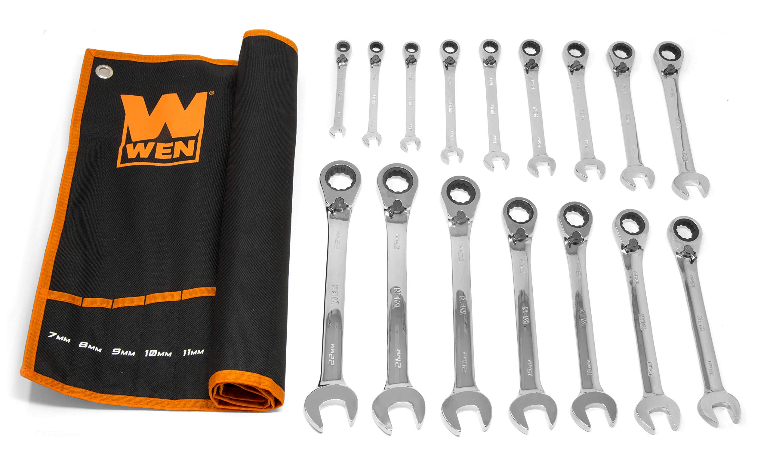 WEN 16-Piece Professional-Grade Reversible Ratcheting Metric Combination Wrench Set with Storage Pouch (WR162)