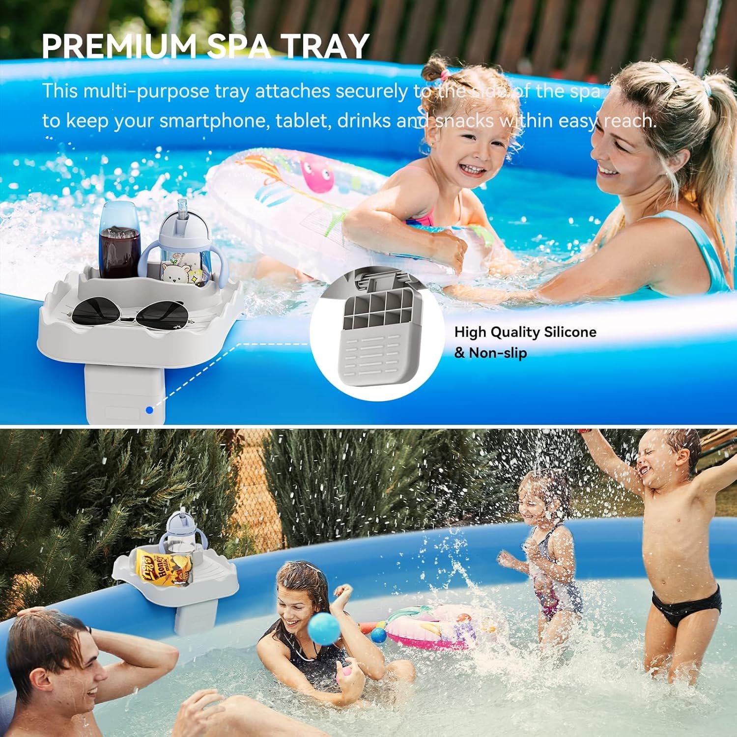 Anivia Hot Tub Table Tray, Adjustable Width 4.3" to 7.7" Hot Tub Accessories for Intex PureSpa, Nonslip Caddy Holds 2 Drinks, Keep Snacks-Drinks Handy and Dry, Fits Outdoor Inflatable Spa/Pool(Beige)