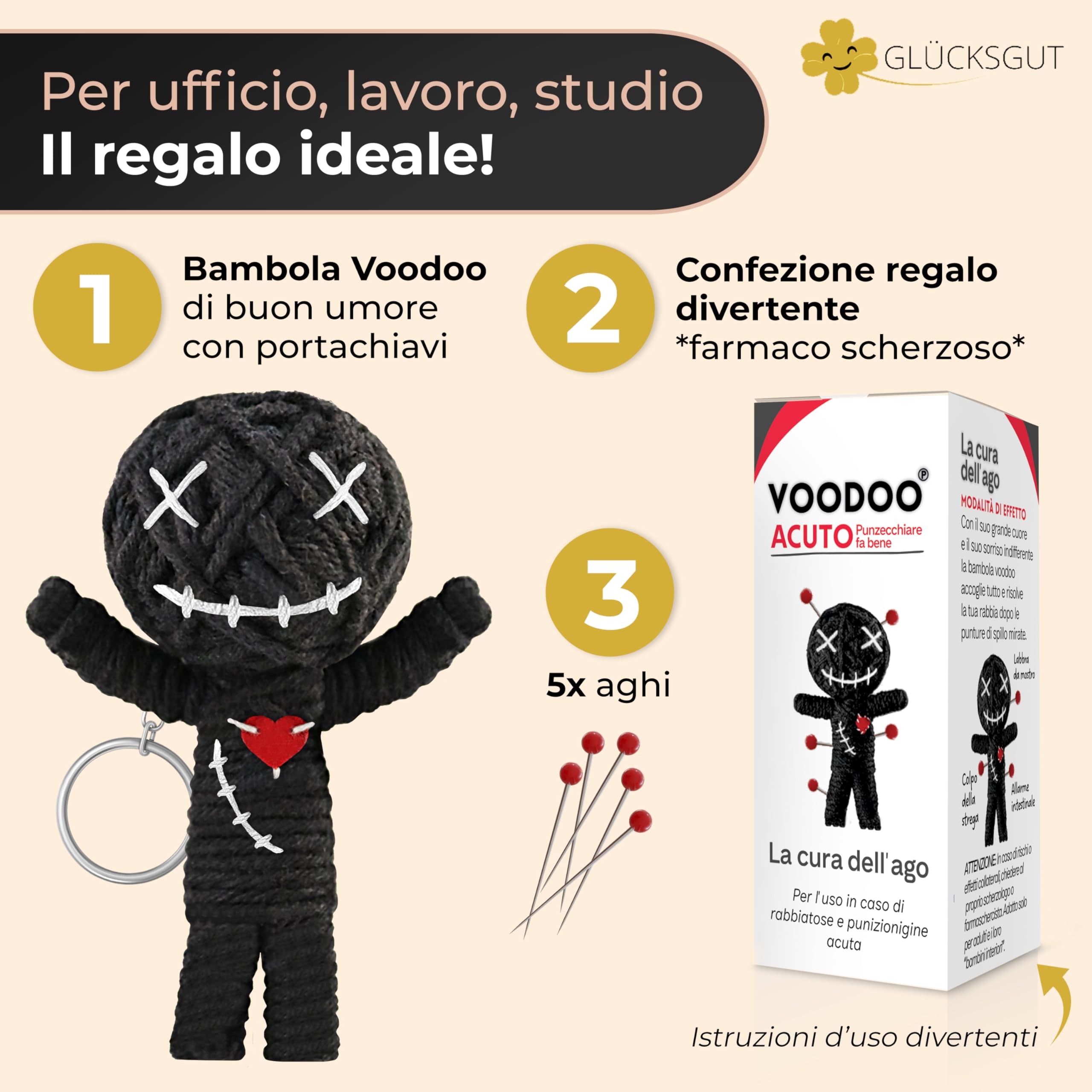 GLÜCKSGUT® Bambola Voodoo con Aghi | Scatola Regalo e Istruzioni | Alto 7,5 cm | Medicamento Scherzoso | Regalo da Ufficio per Colleghi, Colleghe, Capo | Antistress | Addio