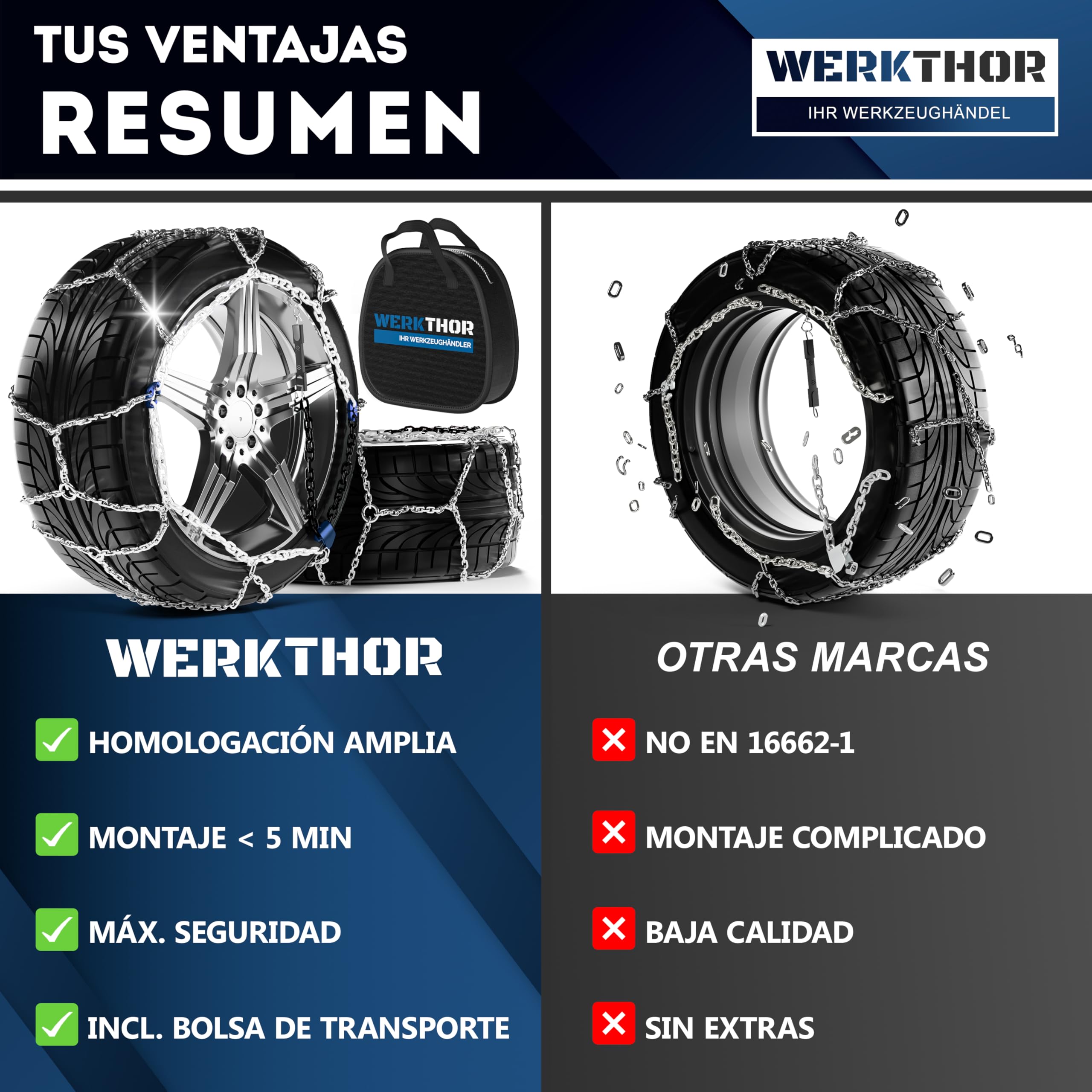 WERKTHOR 2x Cadenas de Nieve para Coche - Cadenas para Autos Certificadas - Máximo Agarre y Montaje Fácil - Cadenas Metálicas para Nieve - Para Diversas Medidas de Ruedas