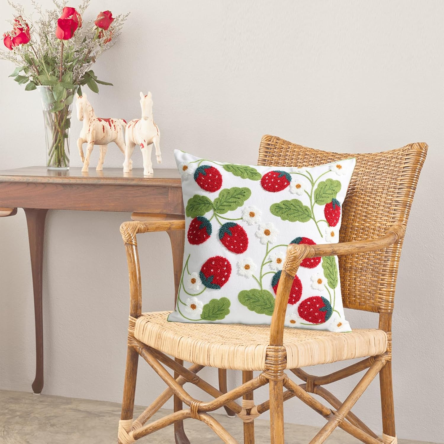 Pack of 2 Embroidered Throw Pillows Cover 18x18 Inch Decorative Pillowcase for Living Room Sofa Bed (Red Strawberry)