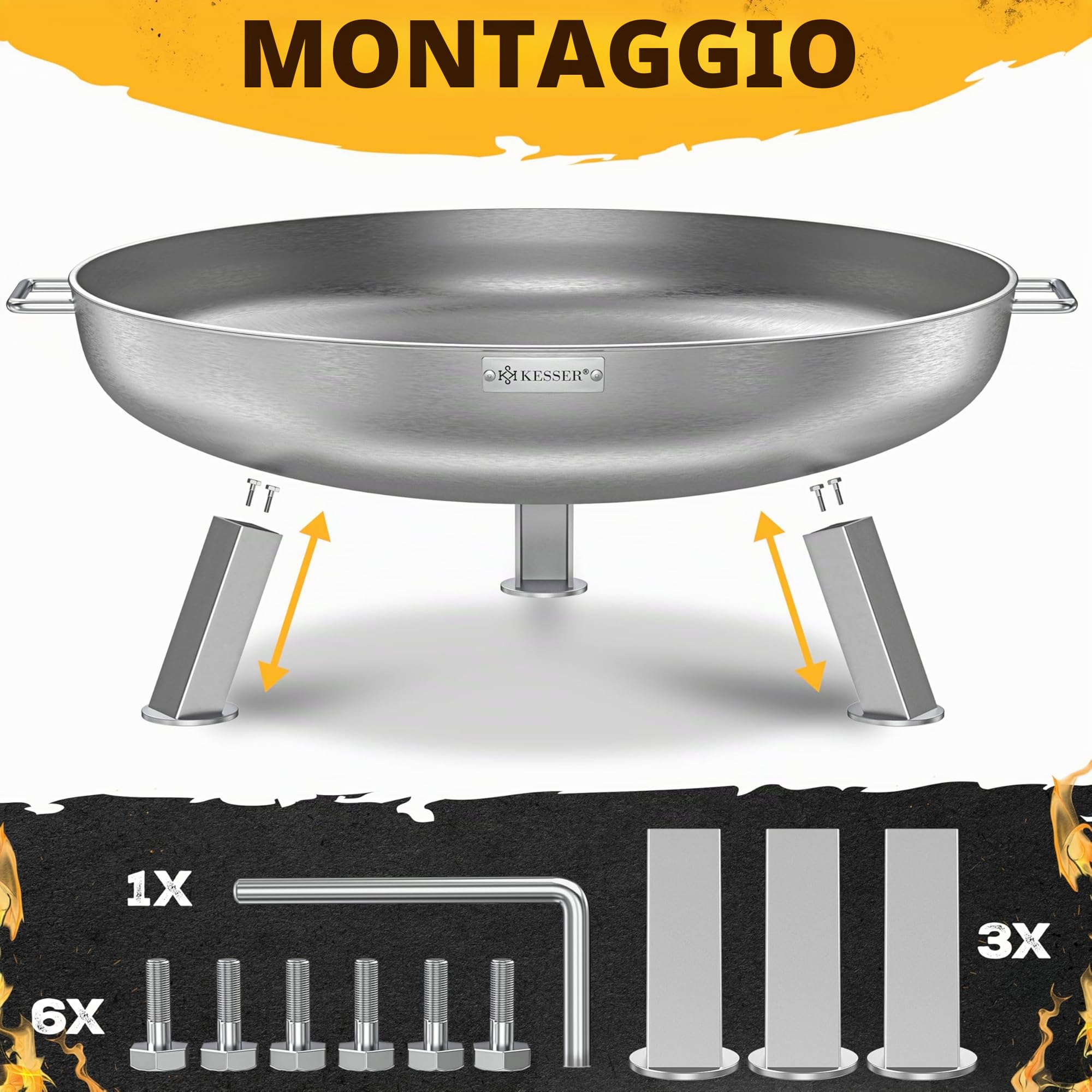 KESSER Braciere da 2,5 mm di spessore, in acciaio legato, Ø 80 cm, braciere con gancio da 42 cm, scarico dell'acqua in ghisa e 2 maniglie stabili, braciere per camino in legno e carbone, per giardino