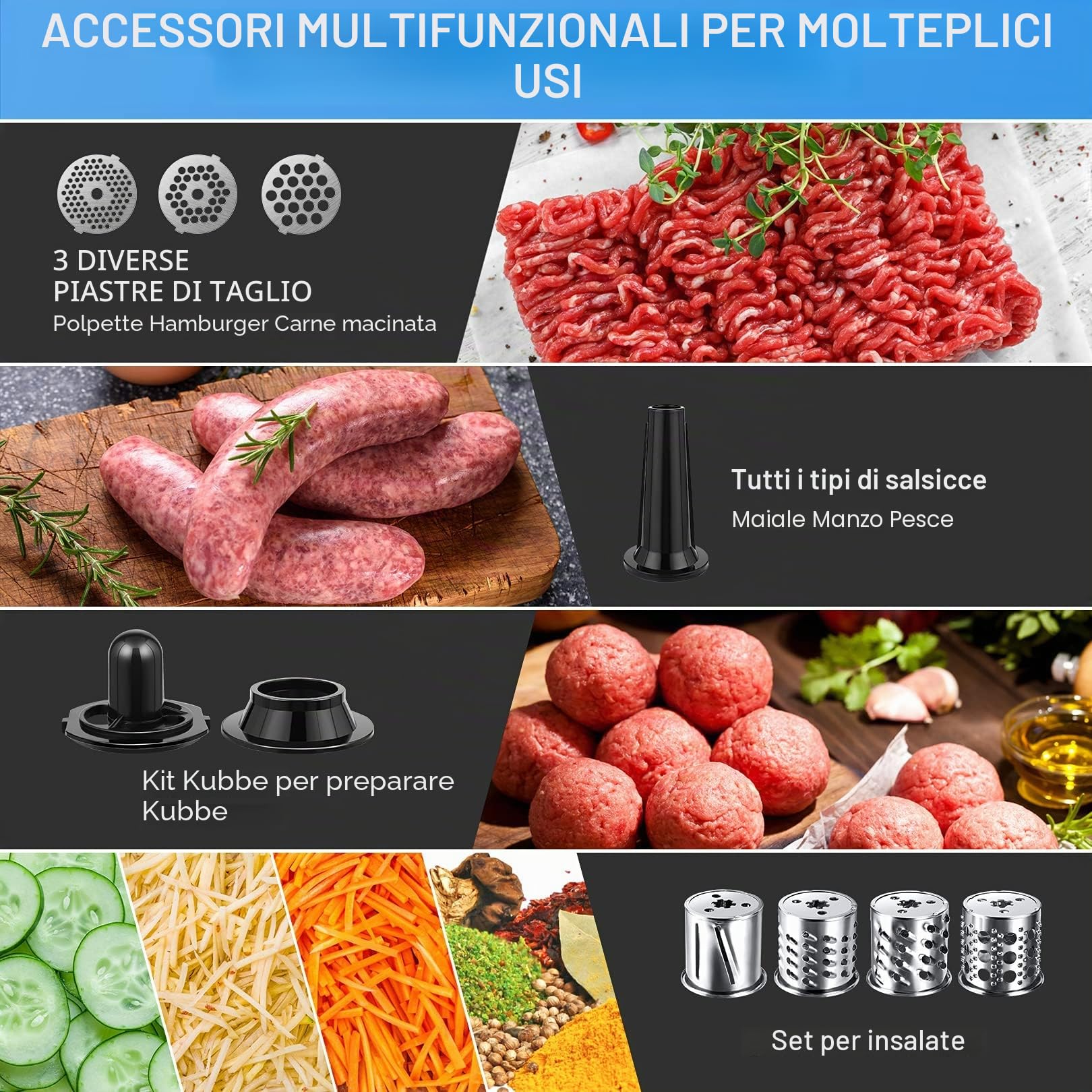 COOCHEER Tritacarne elettrico da 2000 W, tritacarne elettrico con riempitivo per salsicce, 3 dischi in acciaio inox per carne e verdura