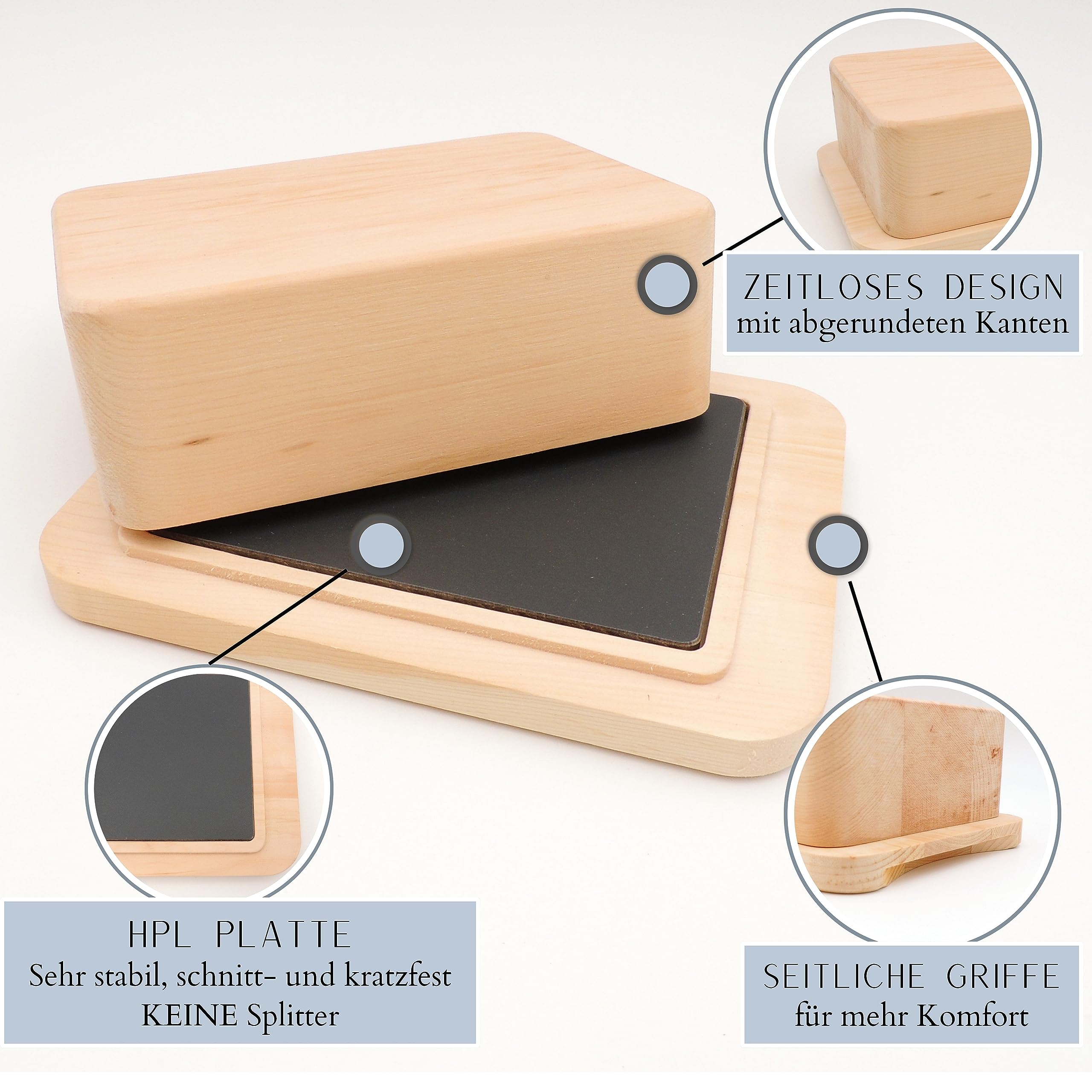 JOWE personalisierte Butterdose aus Zirbe | Zirbenbutterdose mit HPL Platte | made in Austria | Mit Gravur