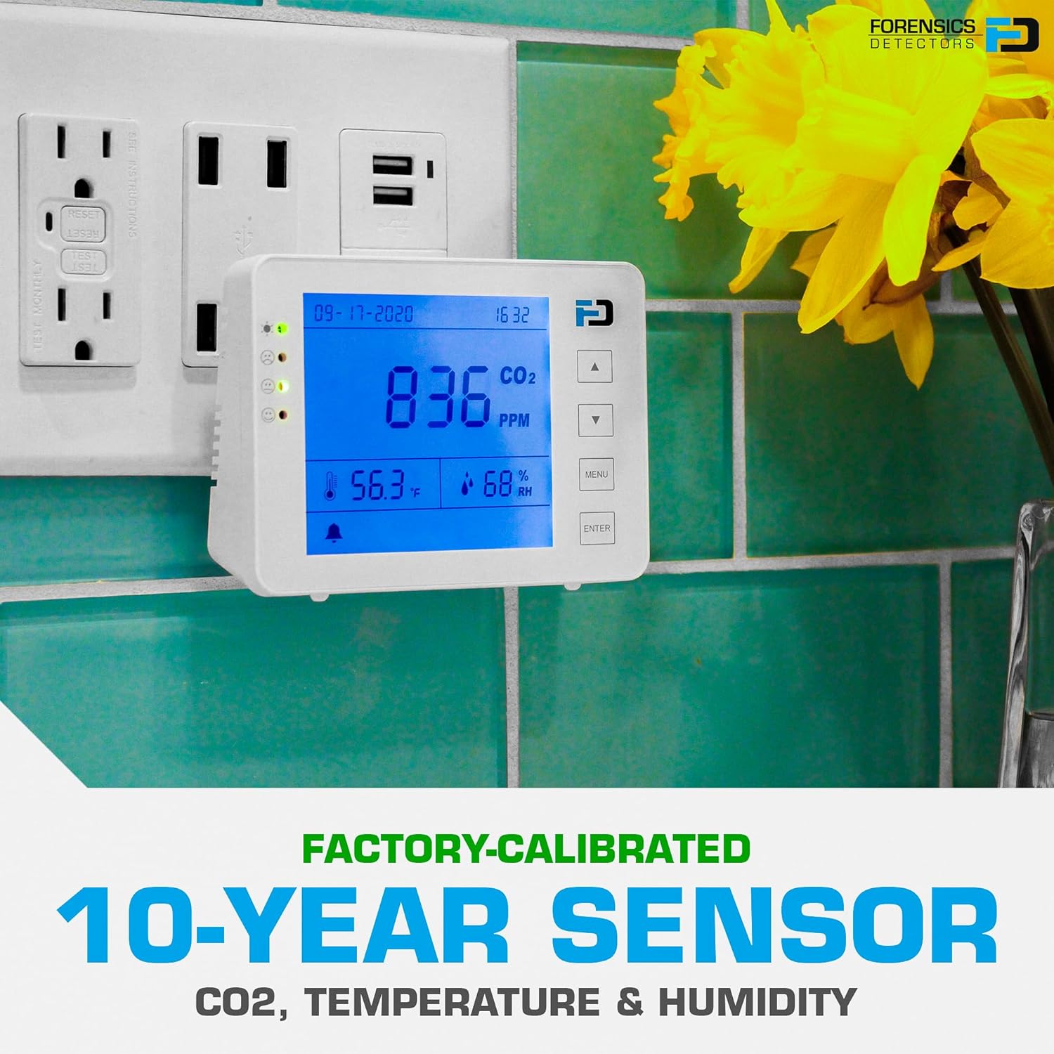 Carbon Dioxide Monitor Wall Plug-in AC by Forensics | AB841 Compliant Alarms for Classrooms | AC Power Direct to Wall | 10 Year Life | CO2 Meter | Gyms, Offices, Classrooms, Home, Retail |