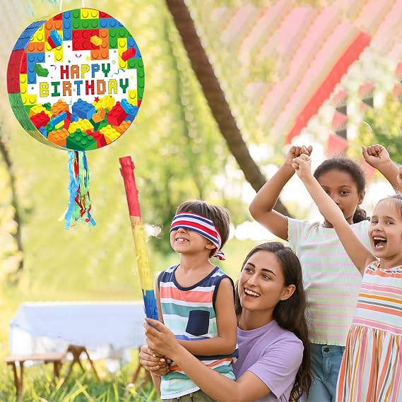 Jexine Birthday Block Pinata Set Birthday Building Pinata with Blindfold, Bat, Stick Blocks Party Supplies for Carnival Fiesta Party Supplies Event Decoration