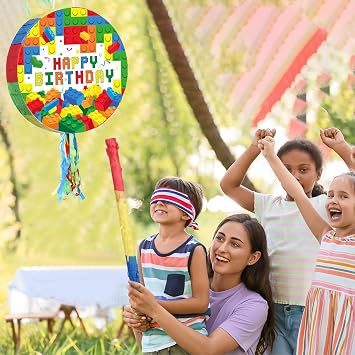 Jexine Birthday Block Pinata Set Birthday Building Pinata with Blindfold, Bat, Stick Blocks Party Supplies for Carnival Fiesta Party Supplies Event Decoration