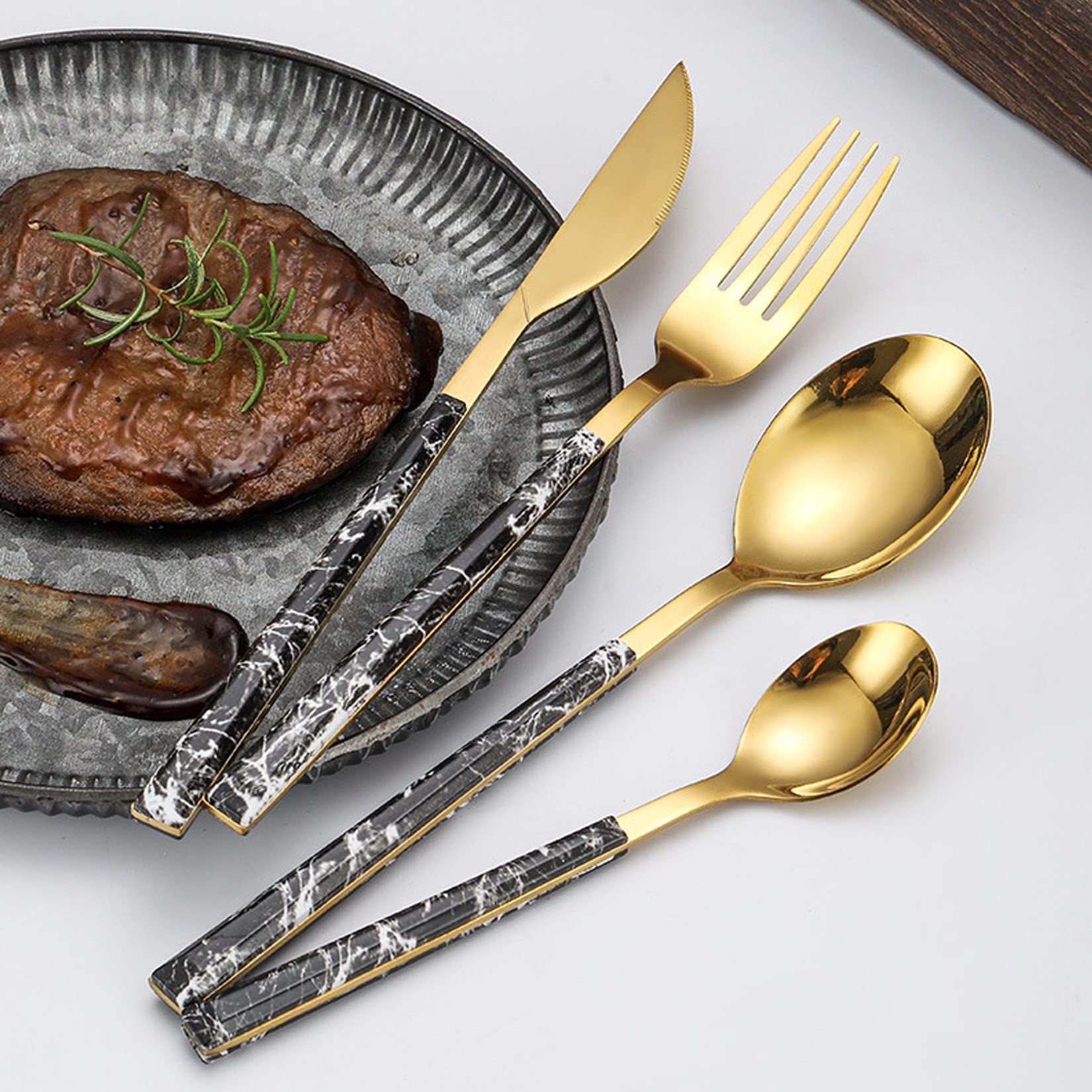 Ensemble D'argenterie avec Couteaux À Steak, Ensemble De Couverts Réutilisables en Acier Inoxydable De 24 Pièces, Finition Polie Miroir Durable pour Un Usage Quotidien, Fête,Marron