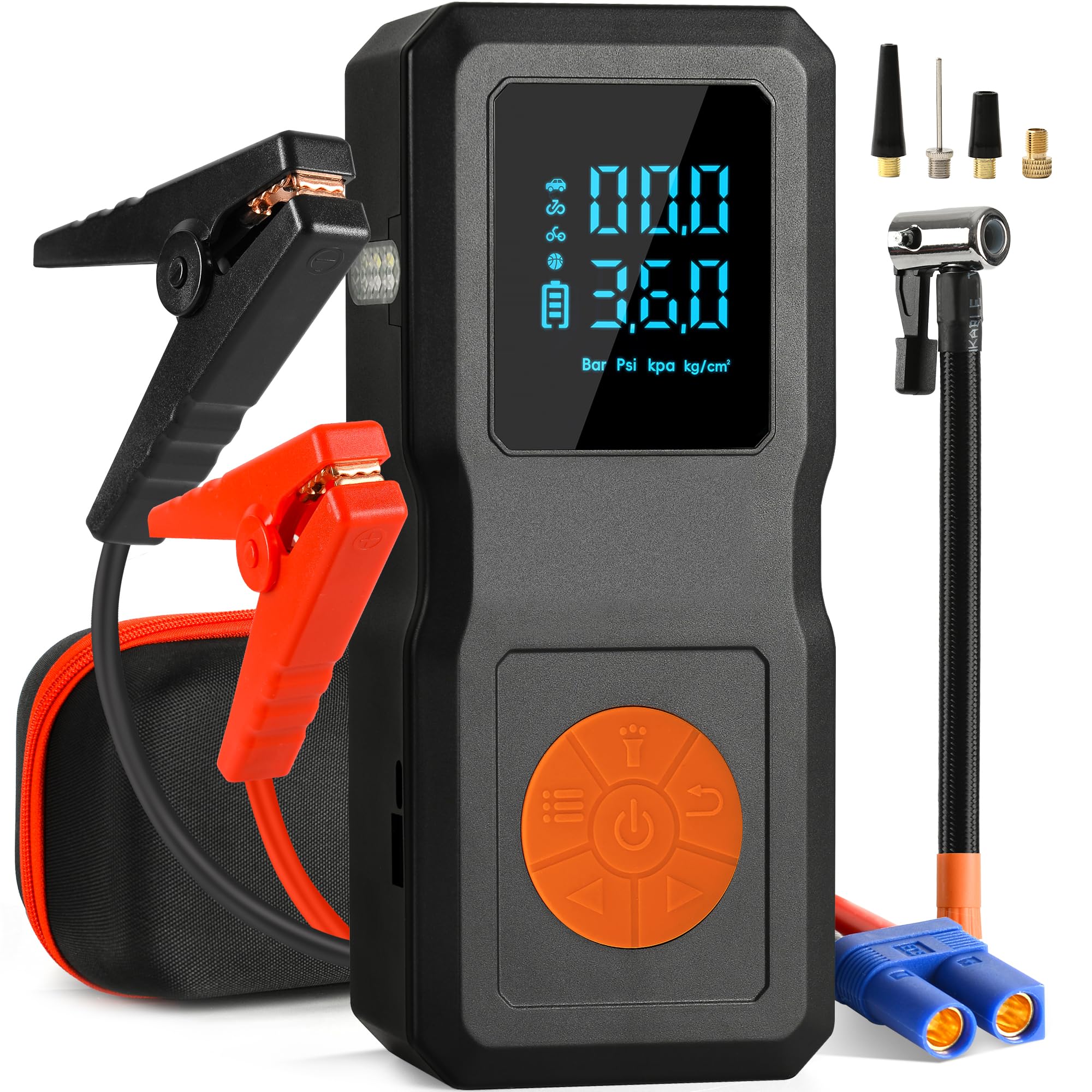 Démarreur de batterie de voiture avec compresseur d'air, kit de démarrage portable adapté aux véhicules à essence et diesel de 1,5 à 8 L (toutes les batteries 12 V), gonflage rapide des pneus et