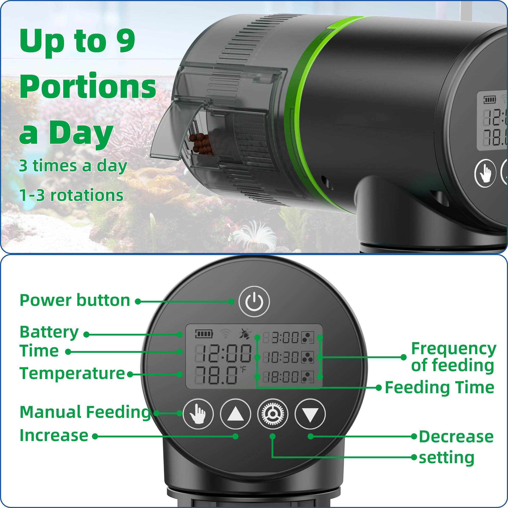 Aysoner Distributore automatico di pesce per acquario: display della temperatura, dispenser intelligente di cibo per pesci a prova di umidità per acquario Betta Turtle Tank durante le vacanze