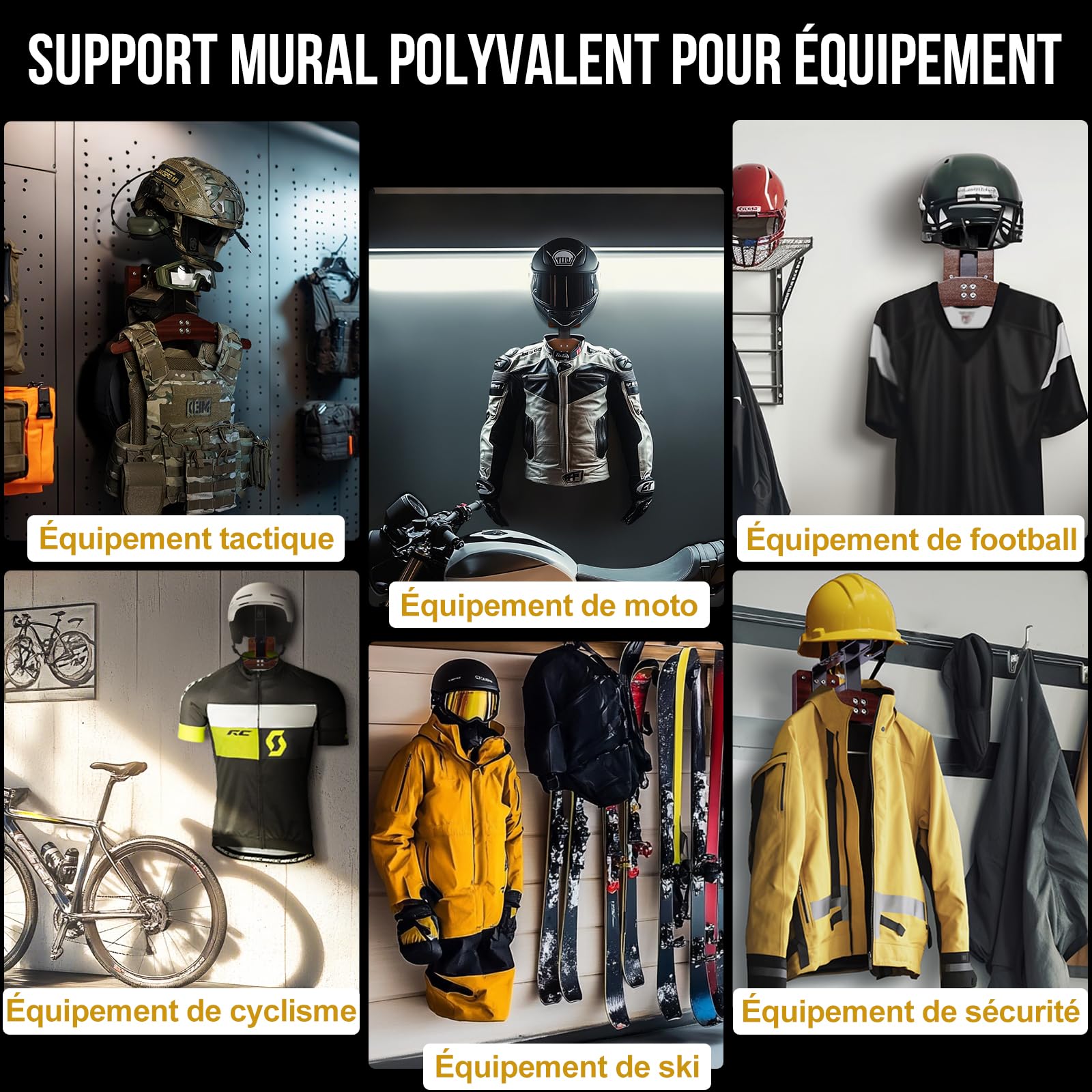 OneTigris Support Mural Casque Moto 2.0 – Porte-Casque Ultra Robuste 80KG, Bois & Métal, Cintre Extensible, Double Crochets pour Gants/Lunettes, Gain de Place pour équipement Moto, Vélo & Airsoft