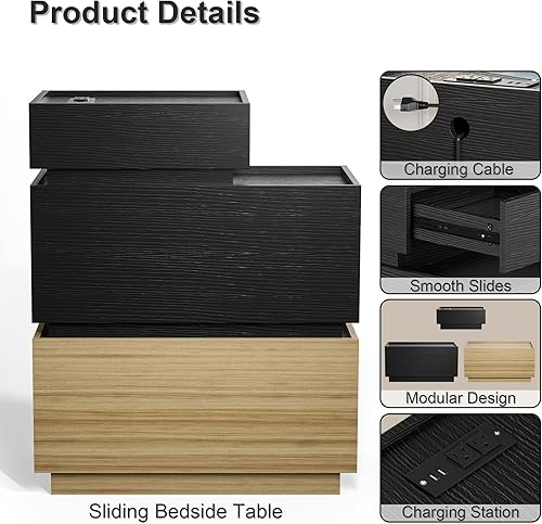 Miniatura 8 de UEV Mesa auxiliar con estación de carga, mesita de noche con cajones y almacenamiento, mesa auxiliar estrecha con puertos USB y tomas de corriente