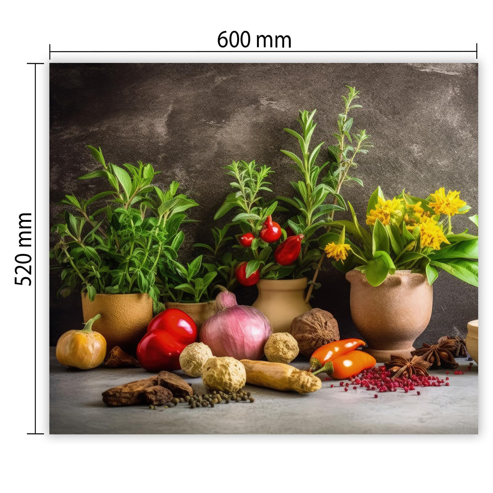 Protection plaque de cuisson, vitrocéramique, verre trempé, pour cuisinières électrique, à induction,planche à découper 60x52 cm une pièce légumes herbes vert (107037)