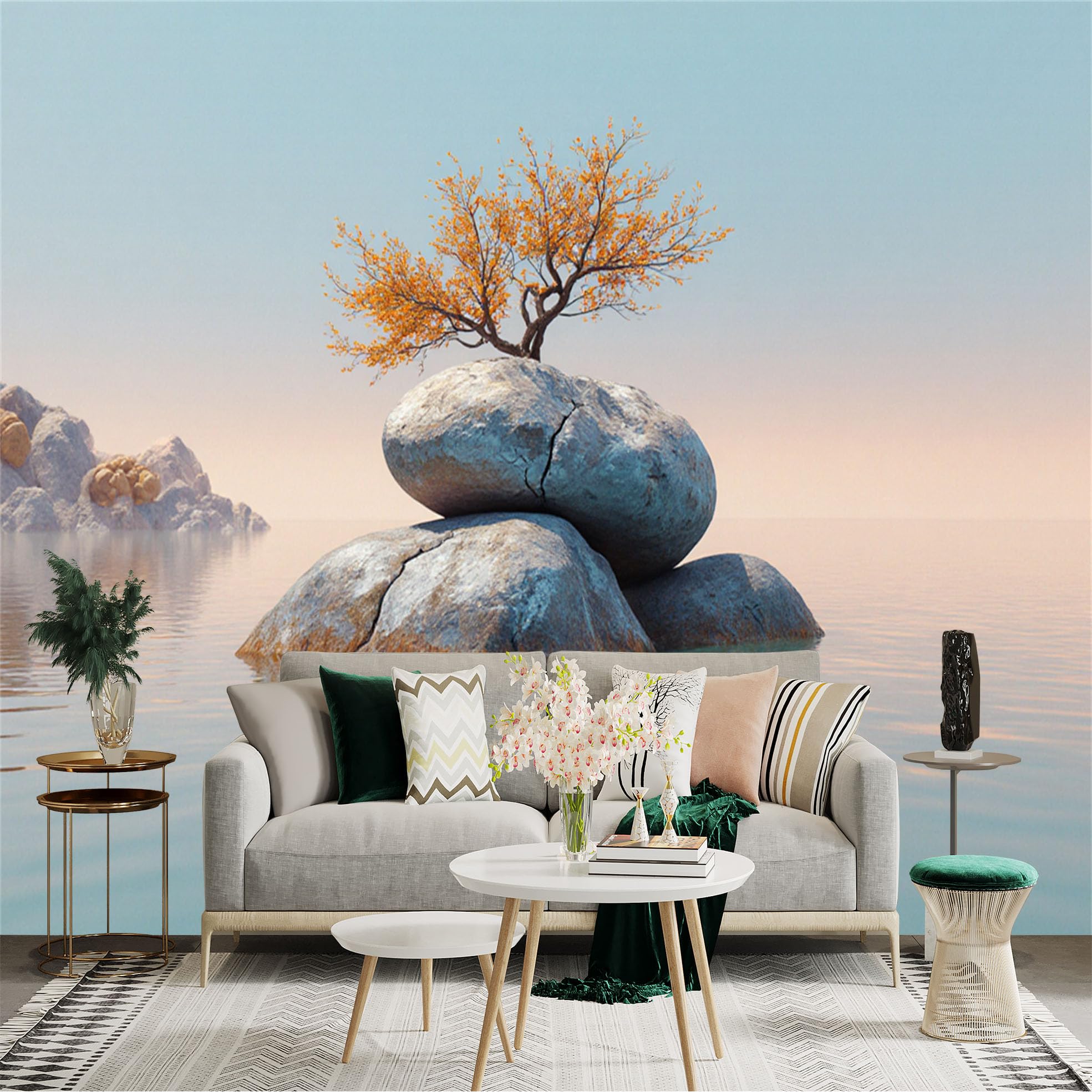 Lnzczhyre Xc260505354 Custom Size Wall Sticker Mural， Lone Orange Tree On Stacked Rocks， Calm Lake Surface， Zen Natural Landscape， Serene Horizon， For Wall Decoration， Peelandstick Wall Decals.