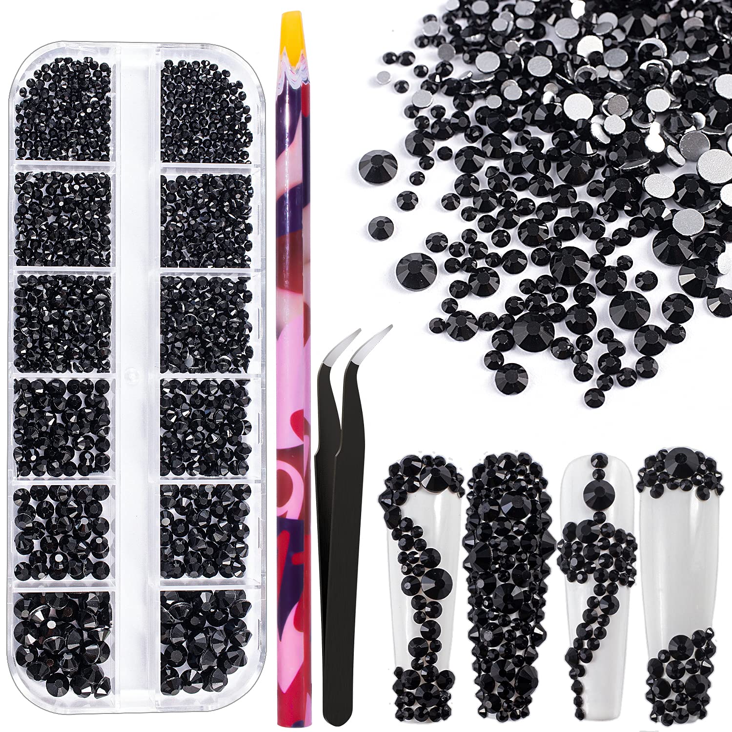 6 Sizes Black Glass Crystal Kit with Pickup Pen + Tweezer Tools for Shine Nail Art Manicure Makeup DIY Decoration Flatback Round Swarovski Bead Rhinestone Gem Jewelry Diamond-image-23