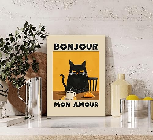 Miniatura 2 de Lienzo enmarcado divertido de gato negro, arte de pared, diseño de gato francés, abstracto, beber, café, lindo, retro, gato negro, decoración de