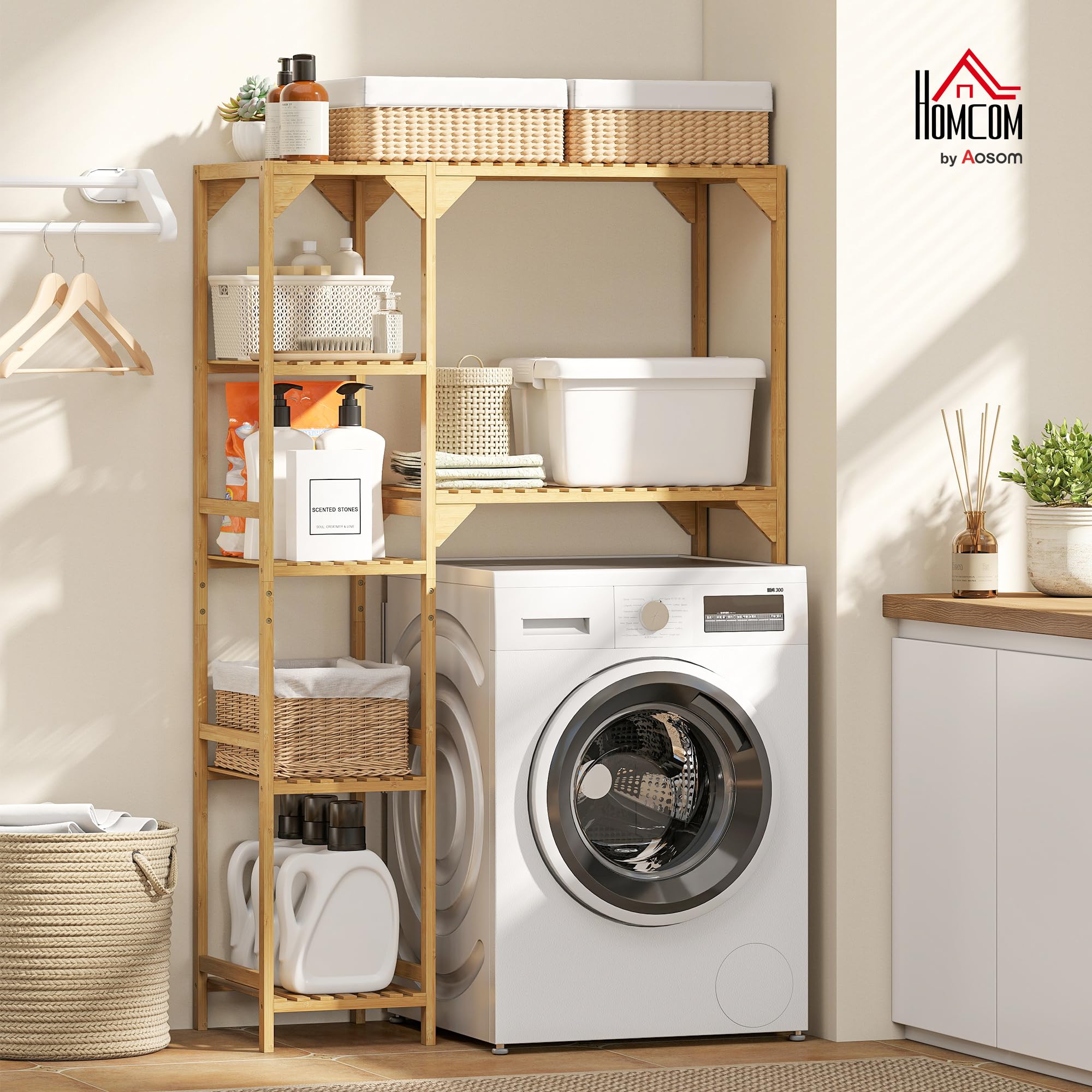 HOMCOM Étagère au-Dessus de Machine à Laver en Bambou, Meuble de Salle de Bain Moderne avec Étagères Réversibles, Meuble de Rangement pour Buanderie, Salle de Bain, Bois Naturel