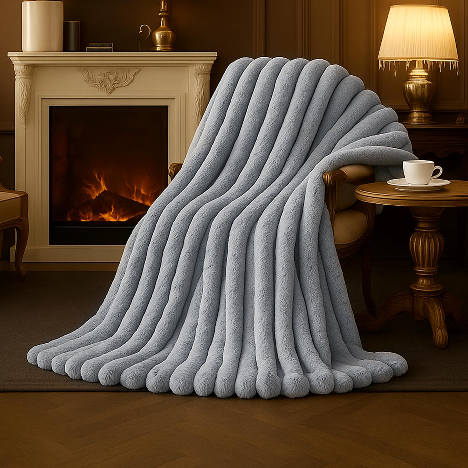 Amélie Home Faux Fur Throw Blanket for Couch, Cozy Fuzzy Fluffy Fur Luxurious Soft Striped Plush Gift Blankets for Family Sofa Chair Bedroom, 55"x70", Light Grey