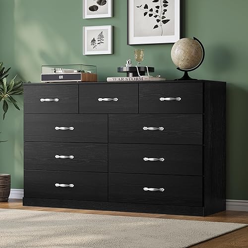 Miniatura 19 de LINSY HOME Cómoda de 8 cajones para dormitorio, cómoda de 54 pulgadas de ancho, cómoda moderna para TV con marco de madera y asas de metal, Negro