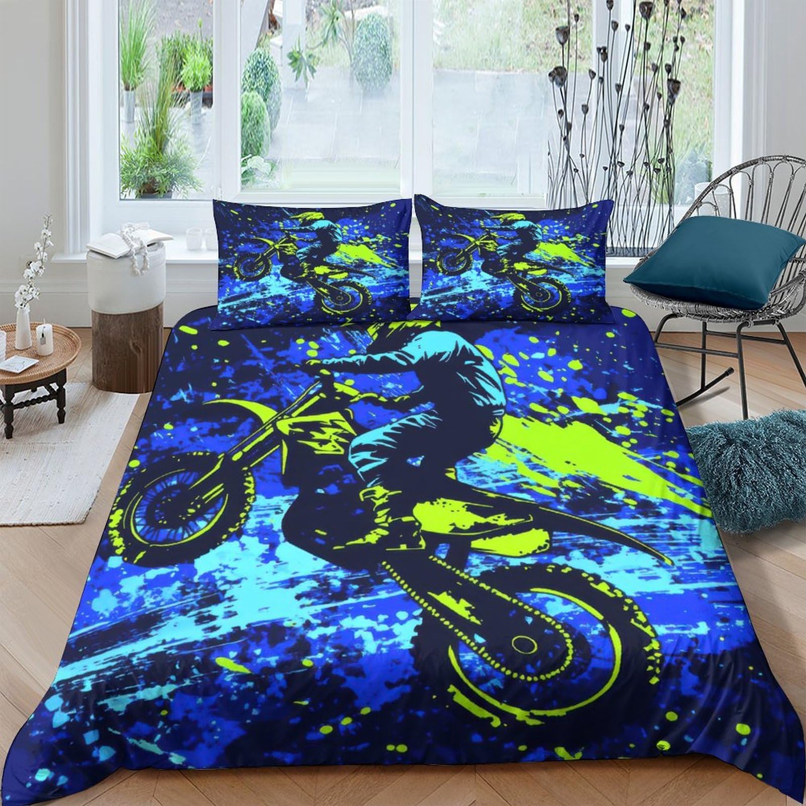Ctjqhvkz Style-1 3D Printed Motocross Blue Splash Fitted Sheet Microfiber Soft Breathable Yellow Bike Bed Cover For Bedroom Dorm Decor Single（135X200cm）