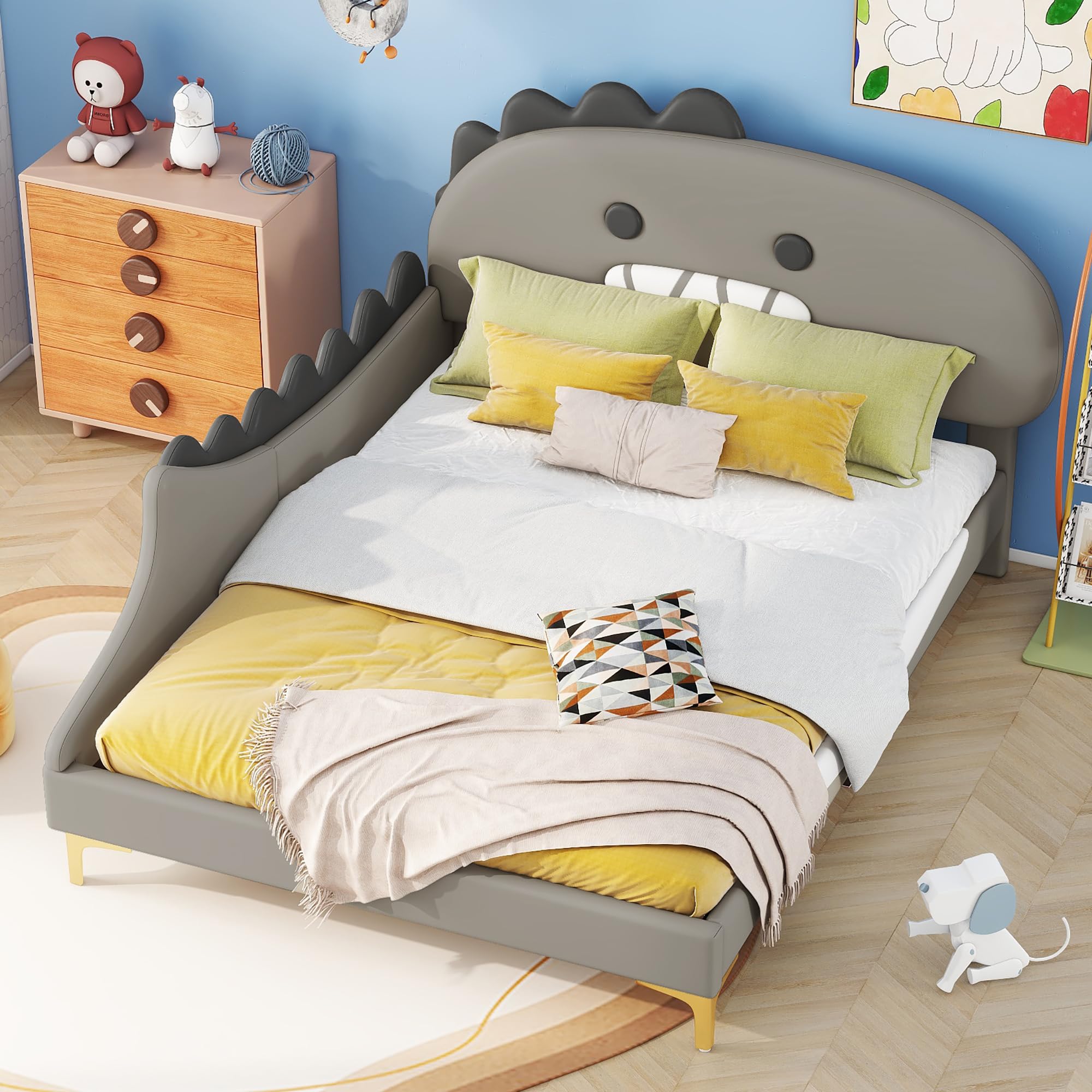 Cama infantil de 140 x 200 cm, diseño de dinosaurio, cama plana, material de poliuretano, color gris