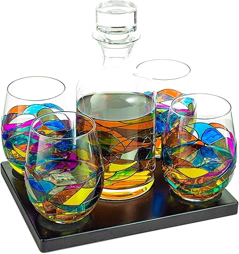 Miniatura 7 de Juego de decantadores artesanales de whisky y vino pintados a mano, diseño de vitrales renacentistas de Barcelona, regalo único para el día de la