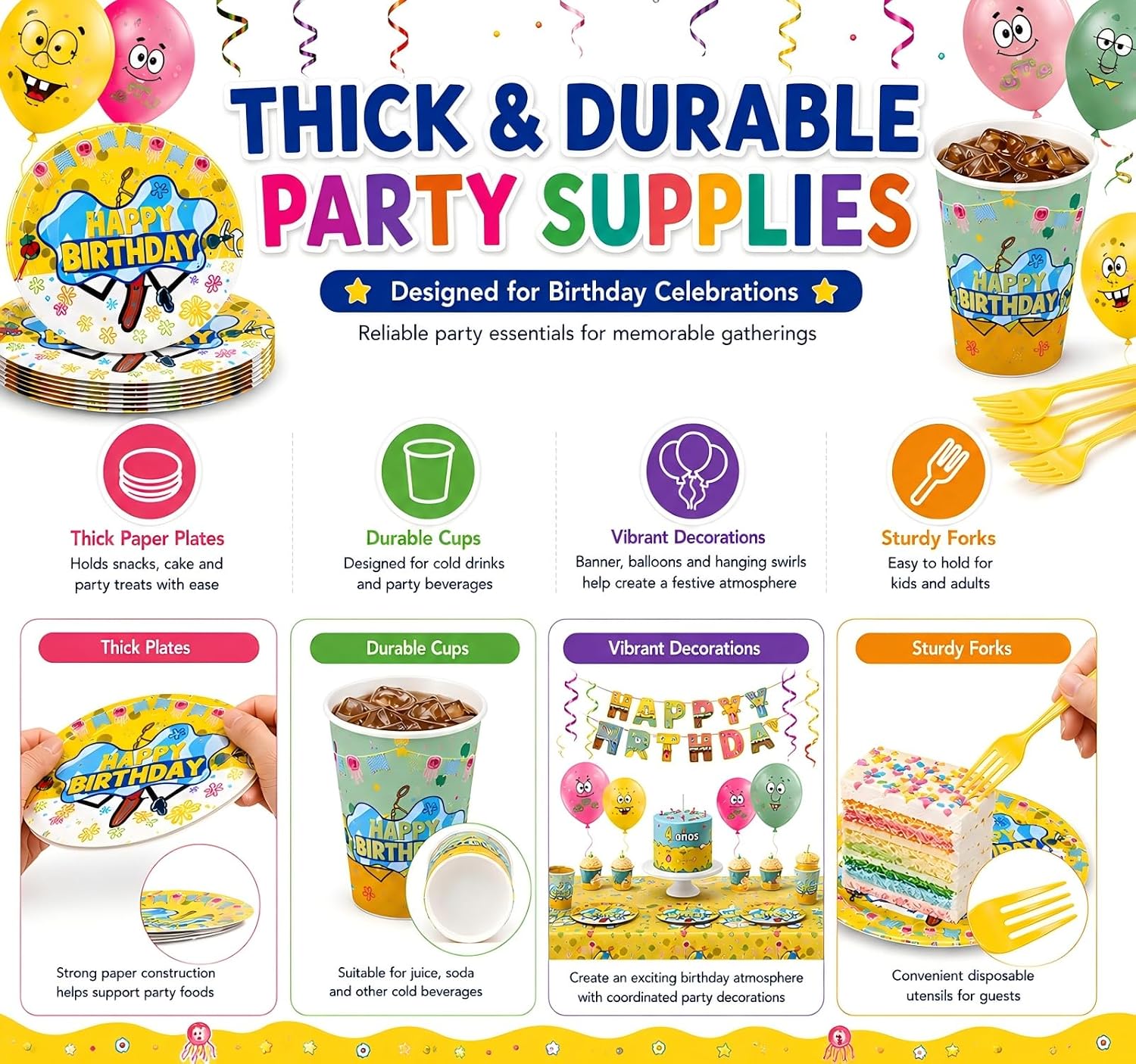 184PCS Cartoon Birthday Party Supplies Set - Under the Sea Theme Decorations Includes Banner, Tablecloth, Plates, Cups, Napkins, Balloons, Cake Toppers & Forks - Serves 20 Guests image 4