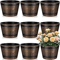 Ferrochef 8-Pack 9.17-Inch Whiskey Barrel Planters with Drainage Holes - Rustic Resin Flower Pots for Indoor Outdoor Plants