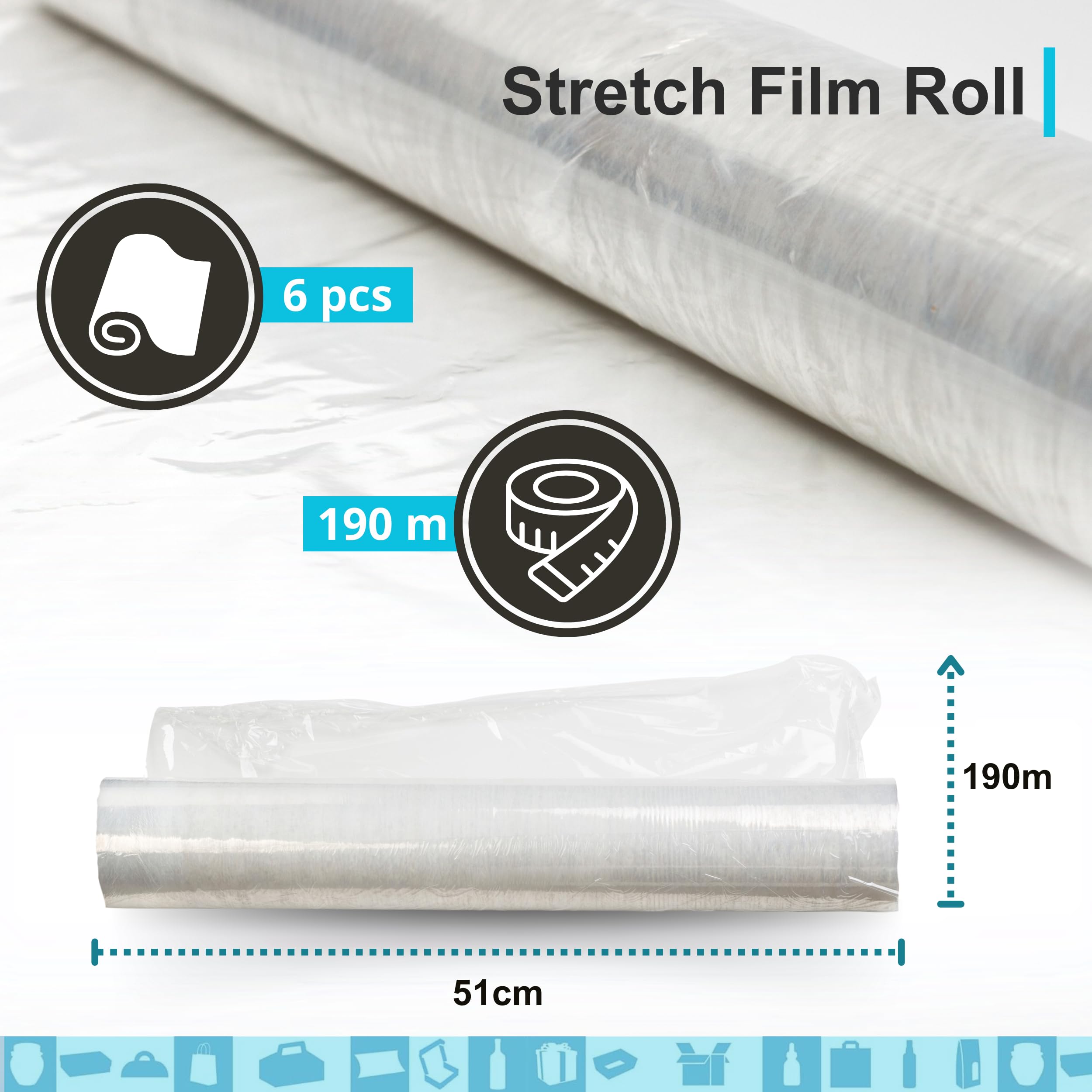 6 rolek przezroczystej folii stretch 51 cm x 190 m | Folia do pakowania opakowań i palet | Folia rozciągliwa do przeprowadzki | Folia spożywcza