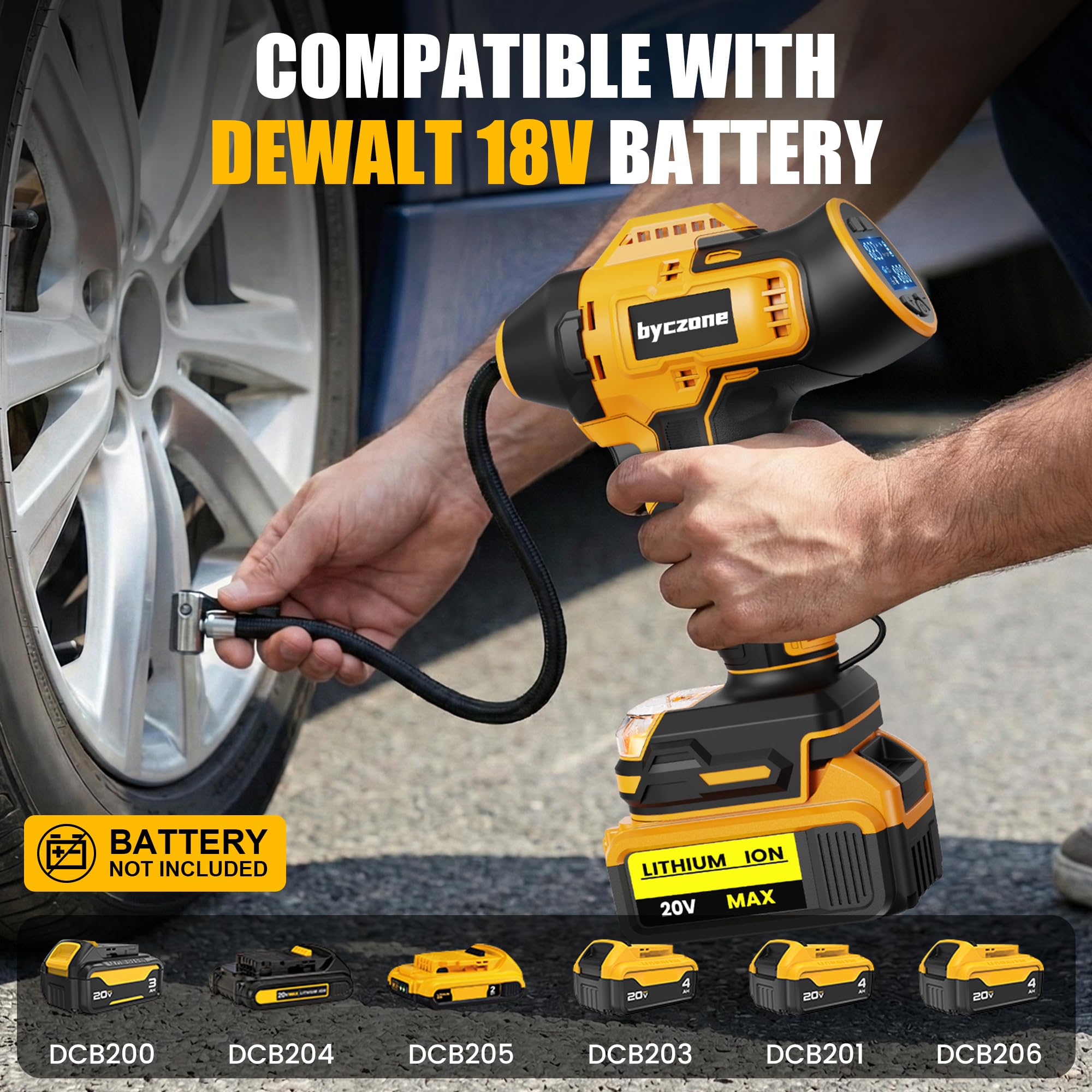 Gonfiatore per pneumatici compatibile con batteria Dewalt 18V, compressore d'aria senza fili da 160 PSI con manometro digitale LCD, spegnimento automatico e gonfiaggio rapido, gonfiatore per
