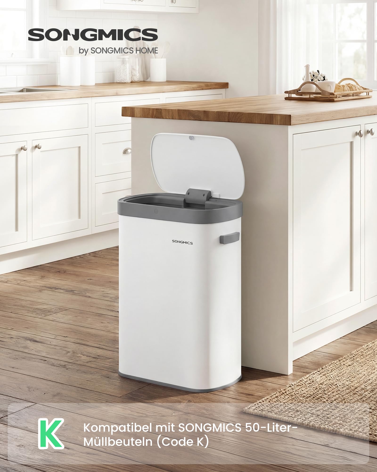 SONGMICS Mülleimer mit Sensor, automatischer Abfalleimer 50 L, Öffnen per Handbewegung oder Berühren, Softclose-Deckel, Stahl, inkl. 15 Müllbeutel, weiß LTB640WZ02