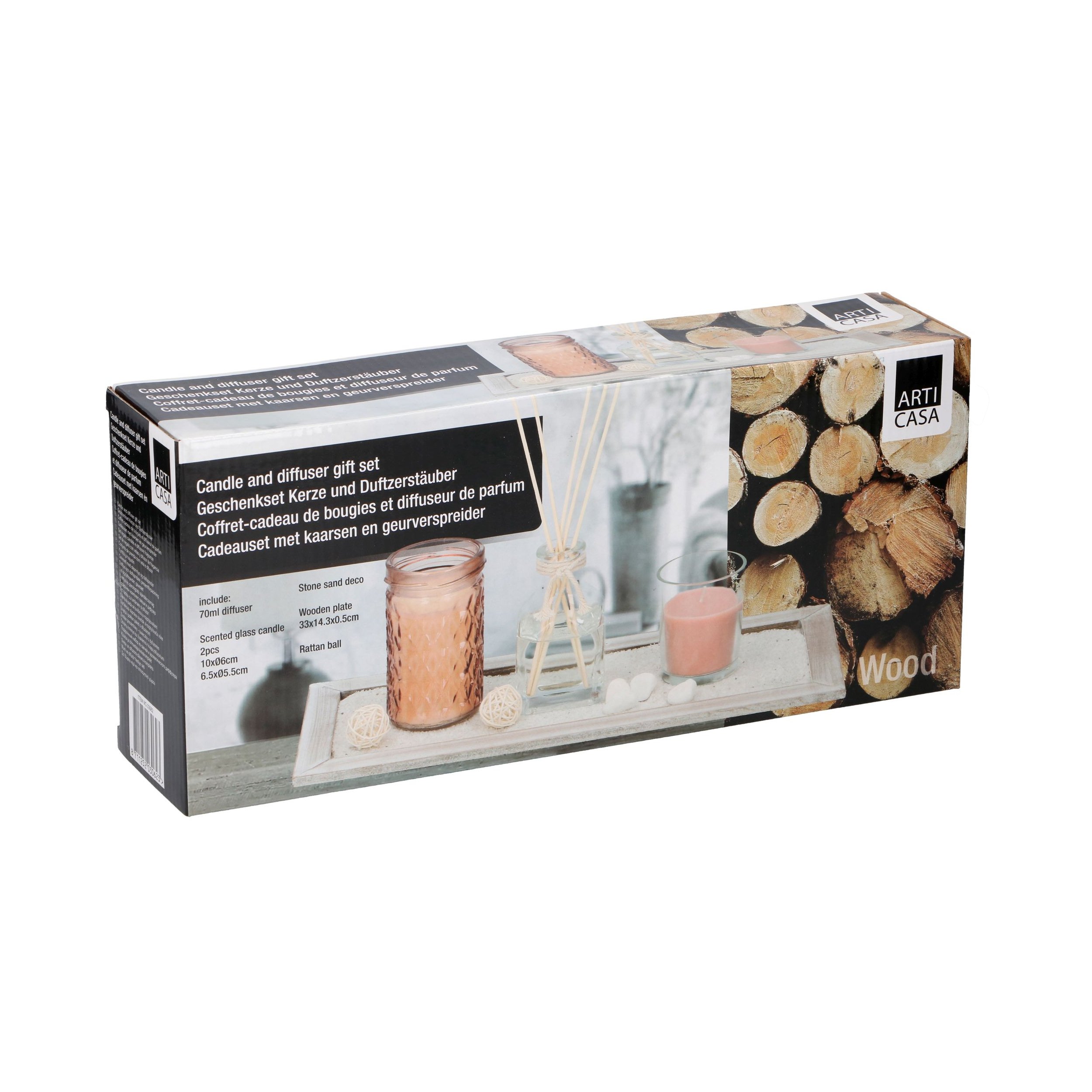Home Fragrance Scented Candle Reed Diffuser Gift Set With Decor Tray (Wood Scent)
