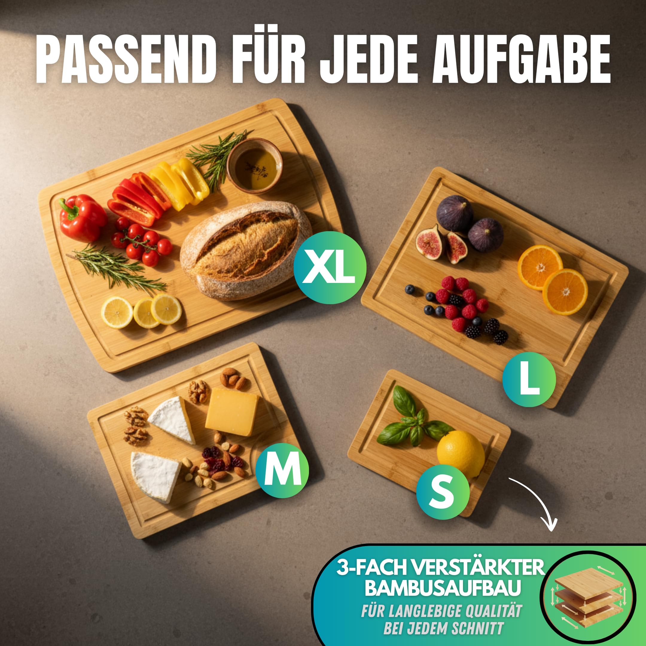 Juego de 4 tablas de cortar de madera de bambú con ranura para zumo y mango lateral, tabla de madera antibacteriana, tabla de cocina de bambú pequeña a grande con soporte, juego de tablas de