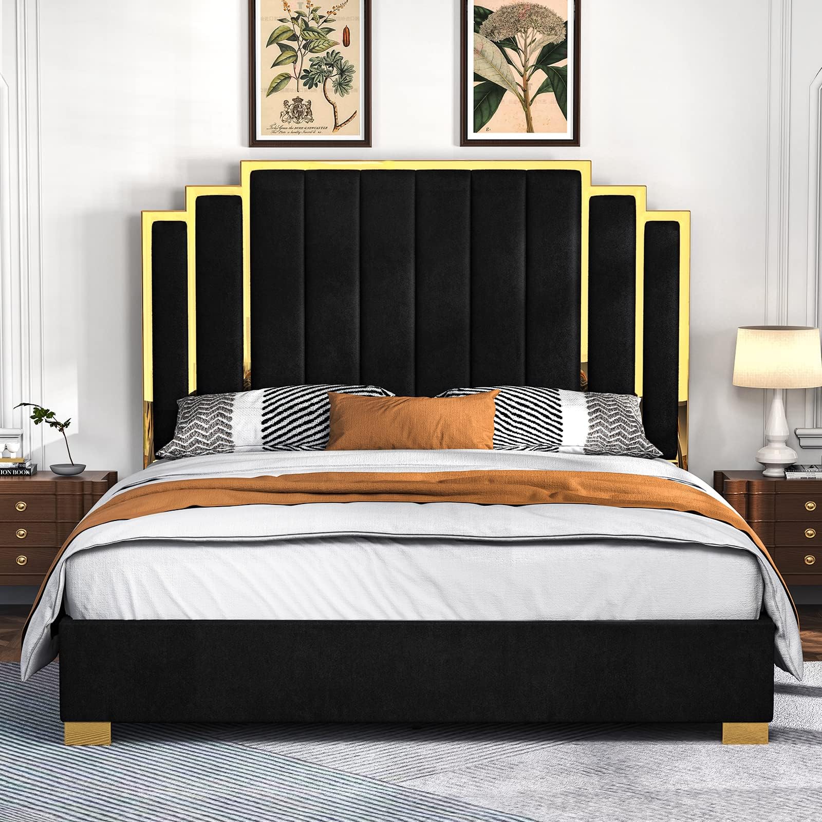 Albott King Size Platform Bed Frame 65 Velvet Upholstered Bed with Gold Trim Headboard Wooden Slats No Box