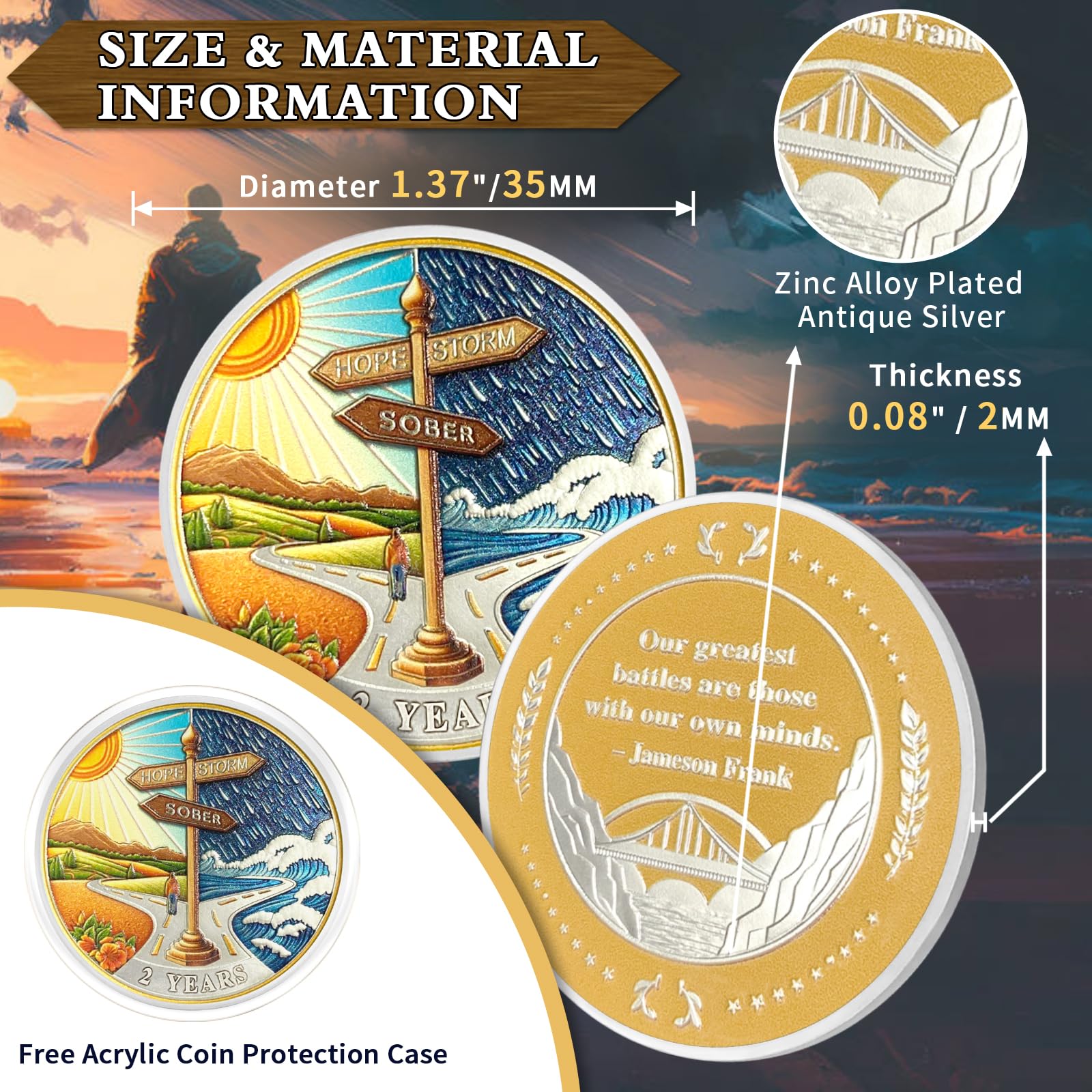 Moneda de 2 años de sobriedad, monedas de hito de dos años de sobriedad, fichas y medallones AA, moneda de alcohólicos anónimos, fichas de recuperación, token de aniversario, regalos de sobriedad para