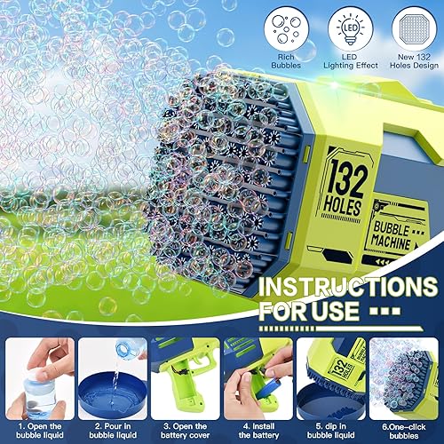 Miniatura 3 de Ametralladora de burbujas, 132 agujeros, pistola de burbujas, juguetes para niños y niñas de 10, 11 y 12 años, regalos divertidos para niños,