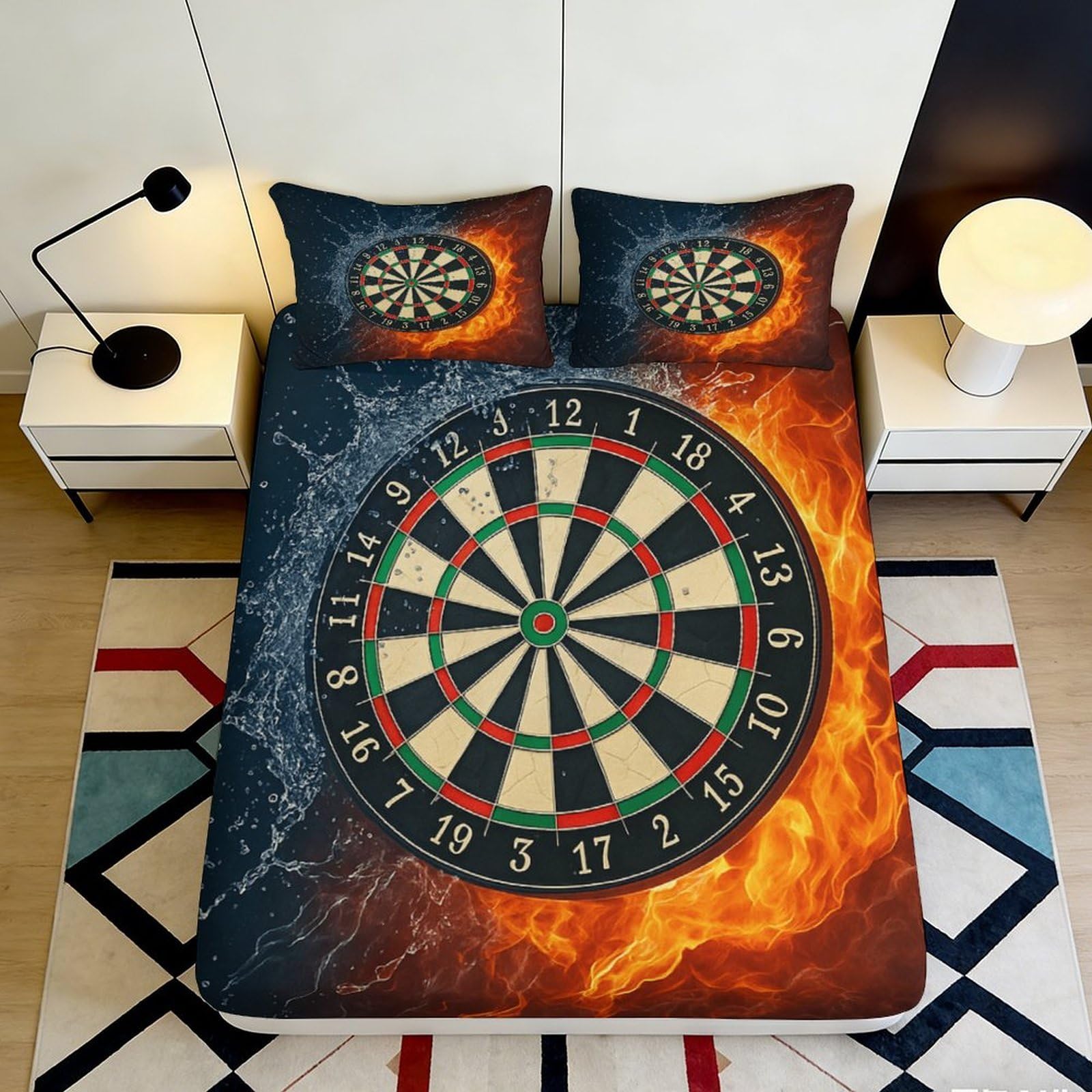 3D Printed Fire and Ice Dartboard Fitted Sheet Microfiber Soft Anti-Slip Bed Cover for Bedroom Dorm Decor 90x200x25cm