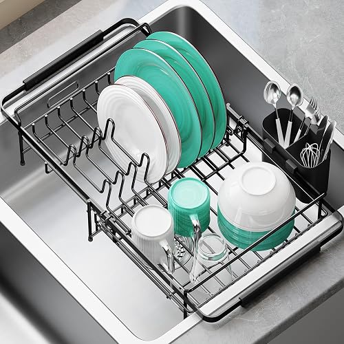 Urackify Expandable in-Sink or Over-Sink Dish Drying Rack, 14.5'-18', Black | Stainless Steel, Fits Most Sinks, Rust-Res