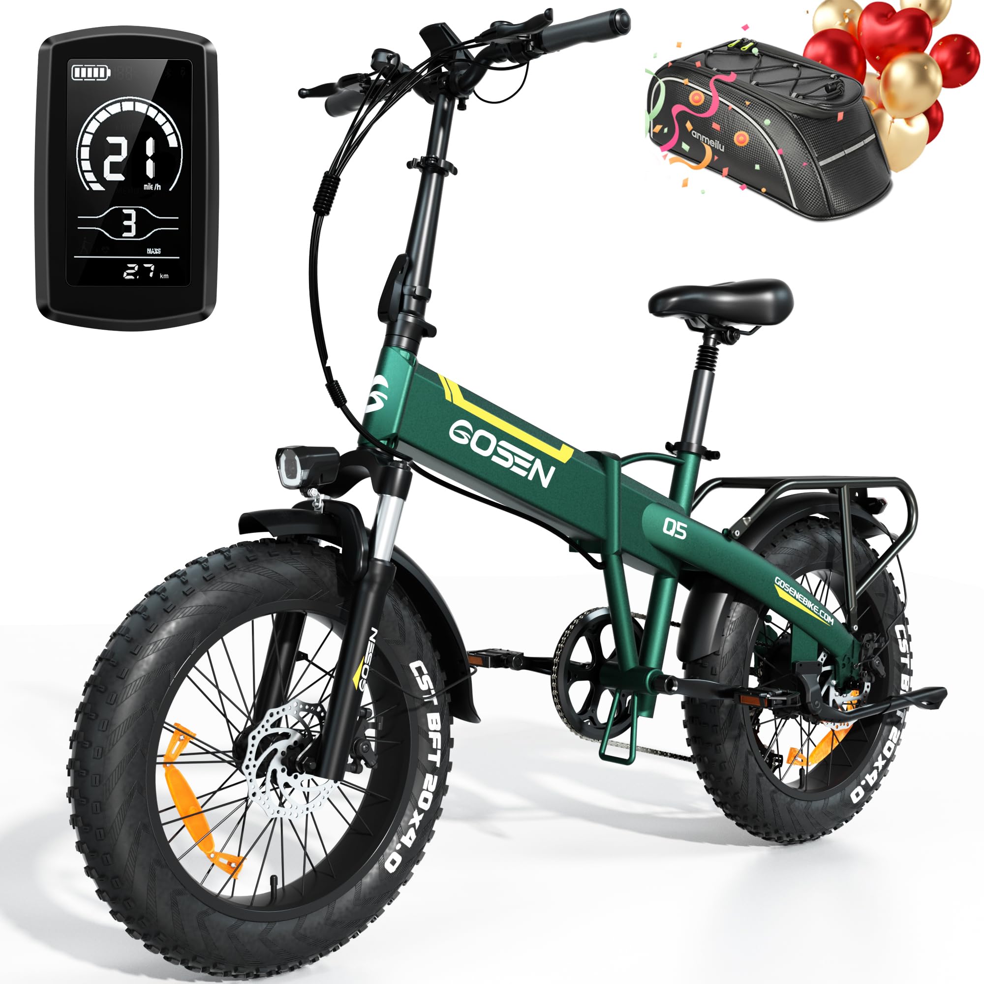 GOSEN Electric Bike for Adults, 【750W(Peak 1000W) Motor 48V 15AH Removeable Battery】 20''x4.0 Fat Tire Folding E-Bike, 7-Speed E Bike for Adults, 28MPH Max Speed & Dual Shock Absorber Electric Bike